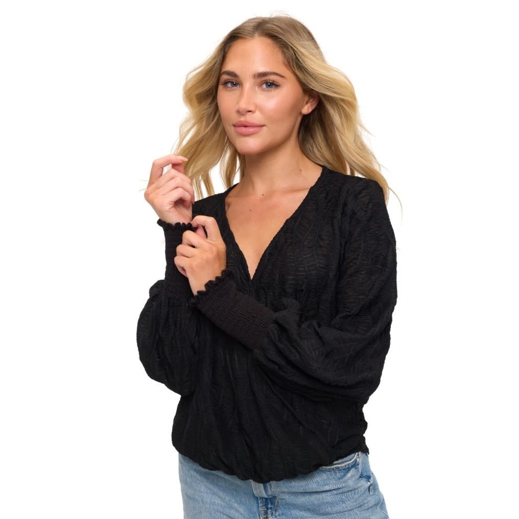 BLACK LONG SLEEVE TOP W/SMOCKING DETAIL