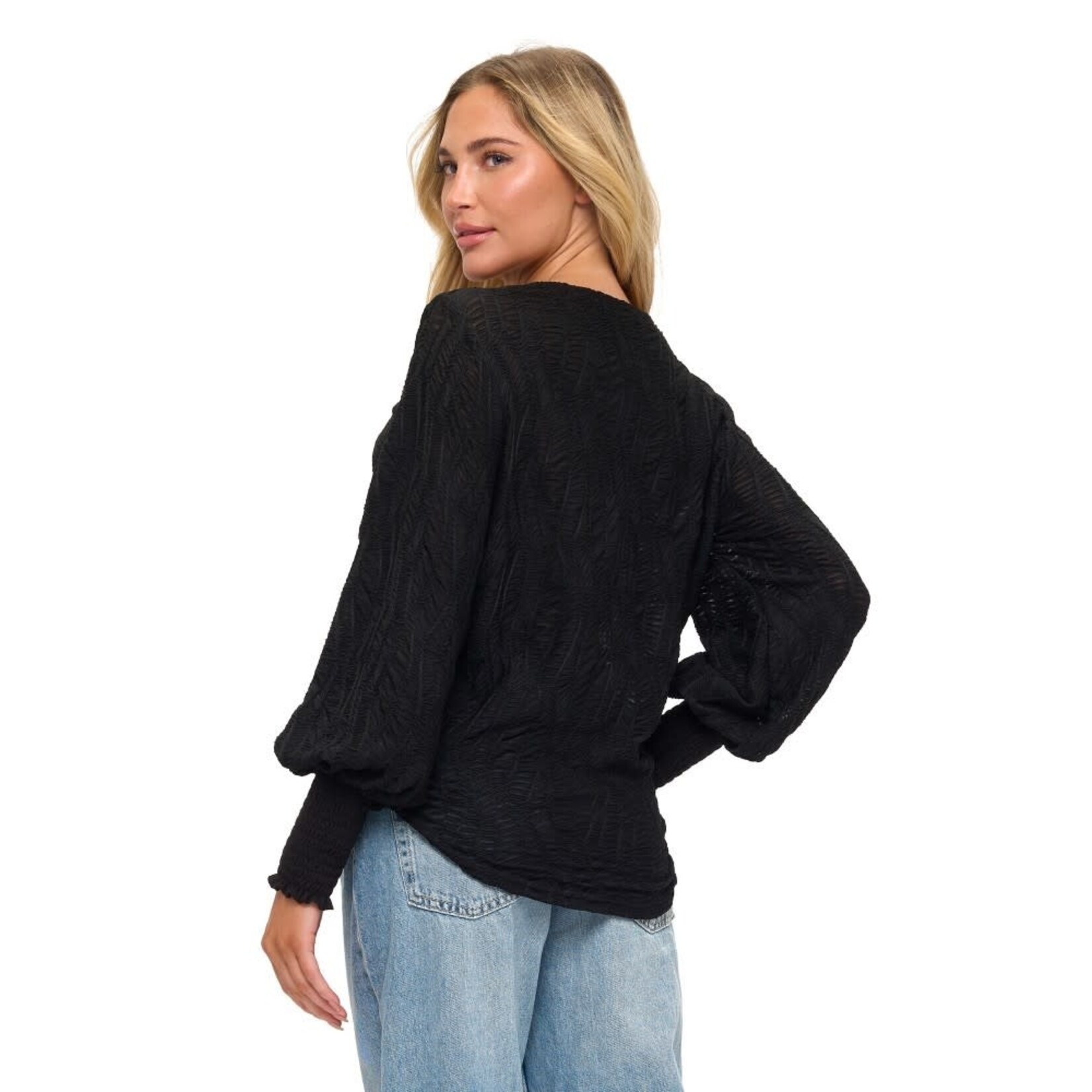BLACK LONG SLEEVE TOP W/SMOCKING DETAIL
