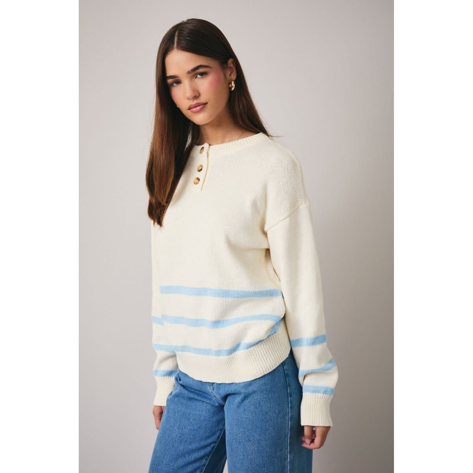 LONG SLEEVE STRIPED HENLEY SWEATER