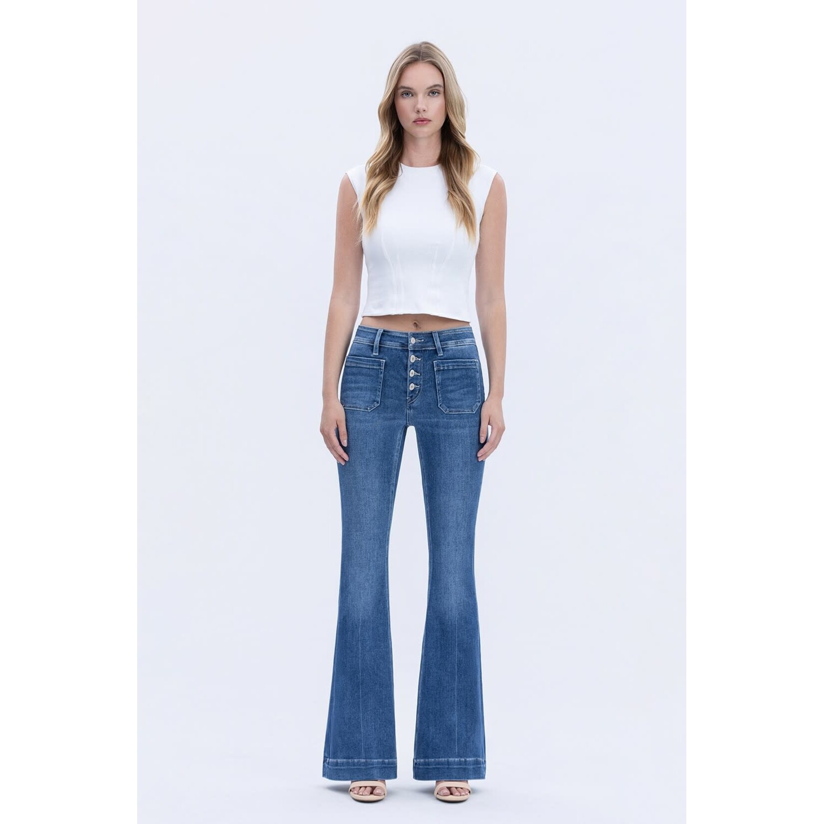 MID RISE FLARE JEAN WITH PATCH POCKETS