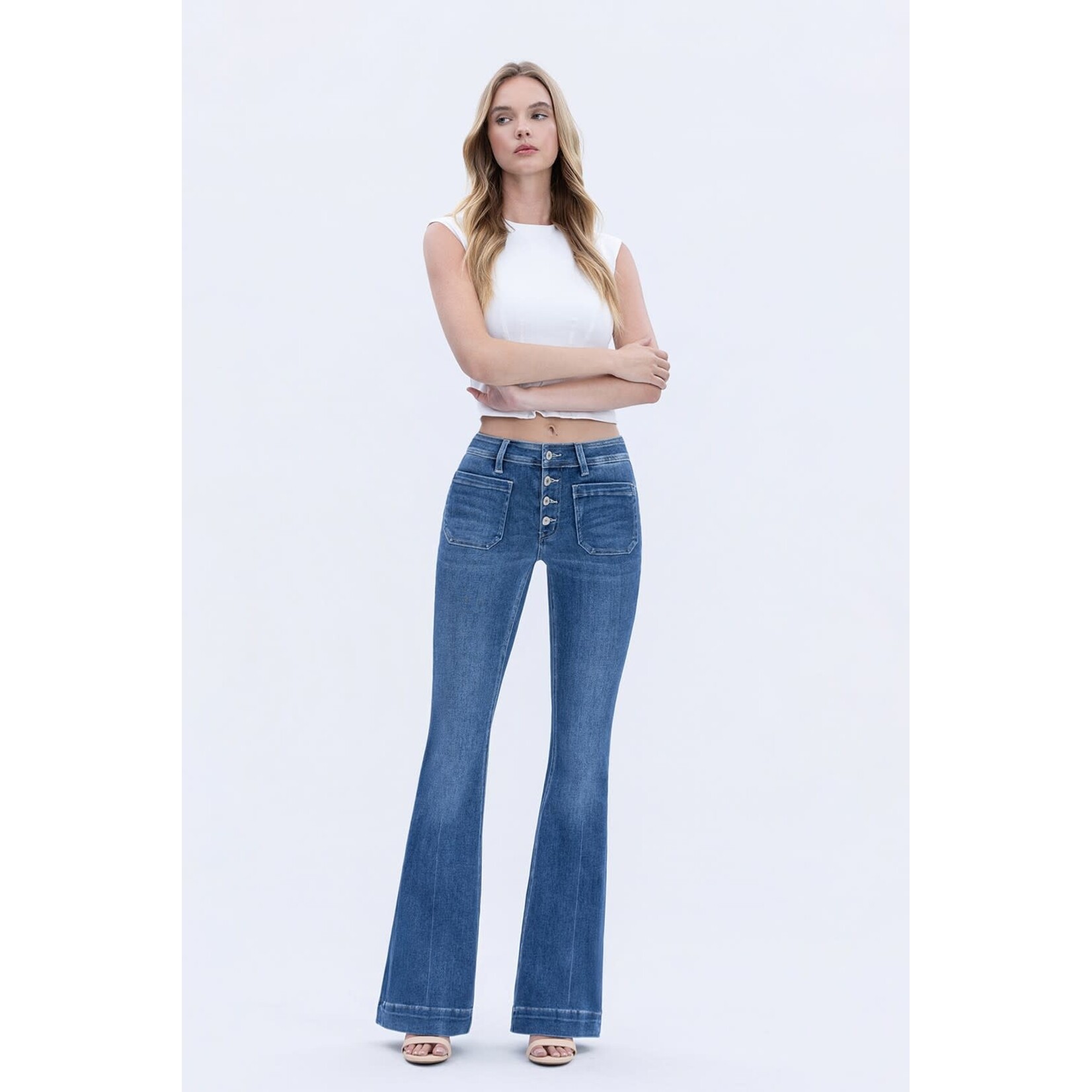 MID RISE FLARE JEAN WITH PATCH POCKETS