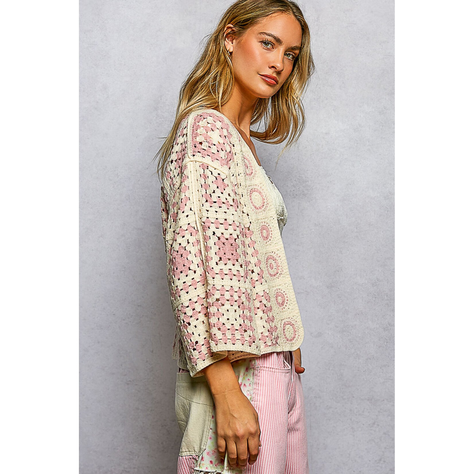 PINK AND WHITE CROCHET CARDIGAN