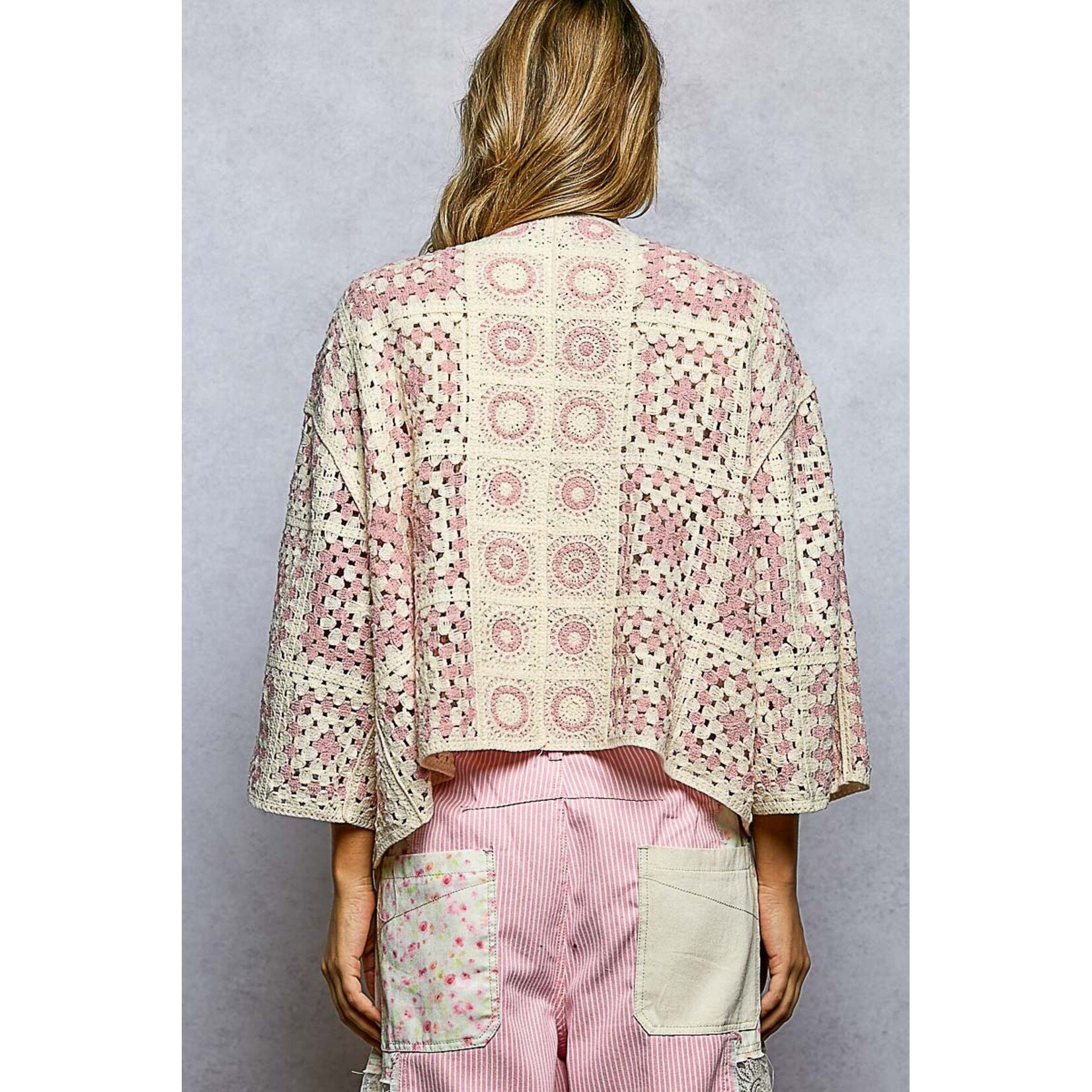 PINK AND WHITE CROCHET CARDIGAN