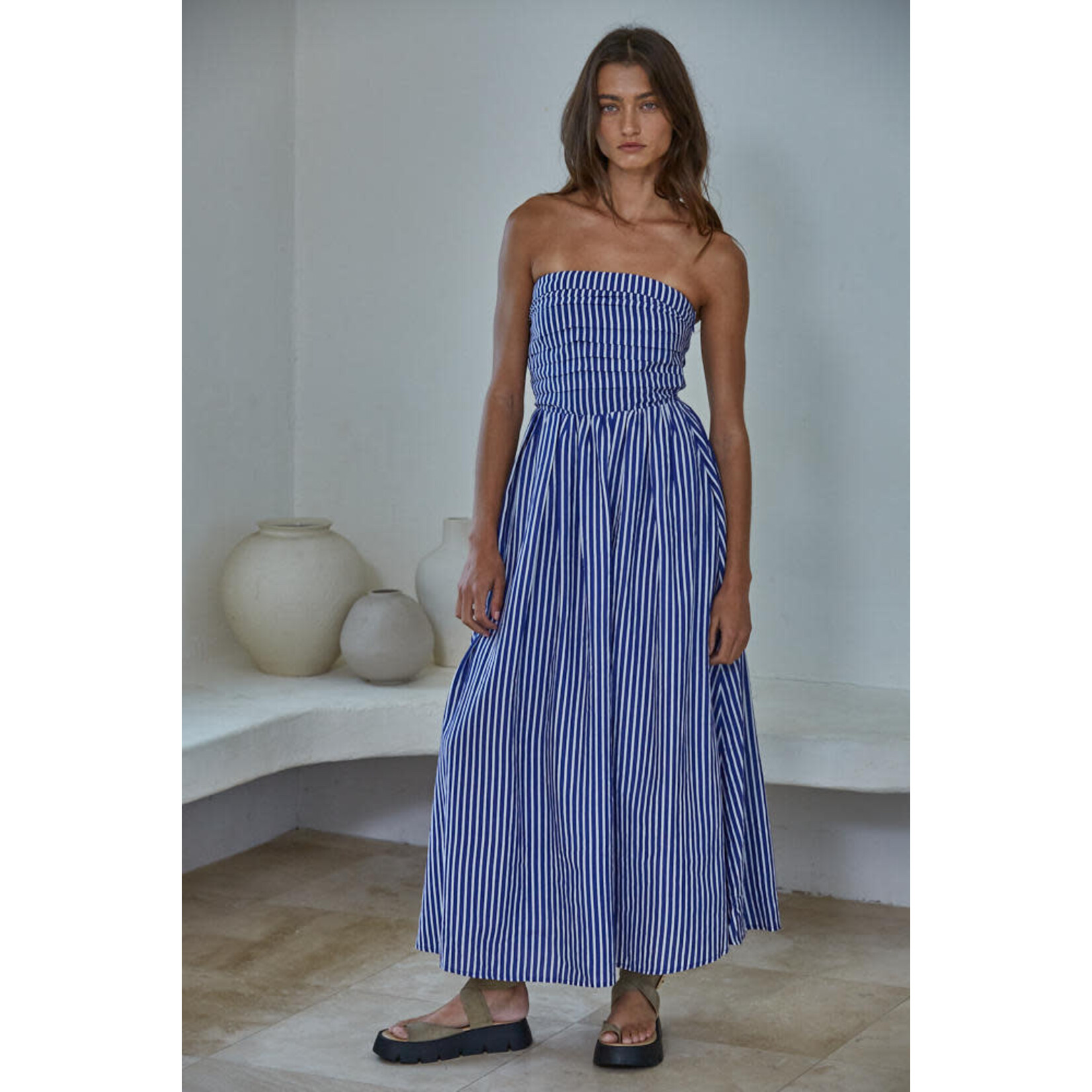 STRAPLESS DENIM BLUE STRIPED DRESS