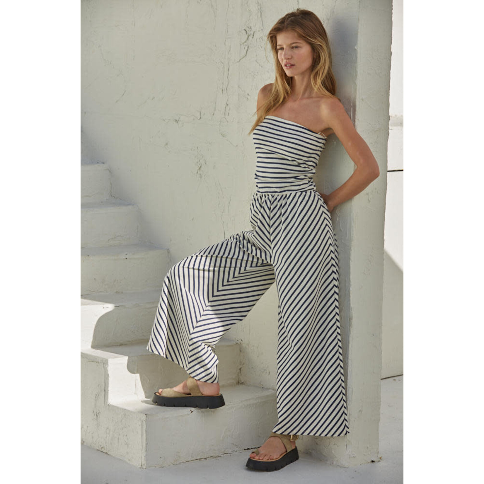 CREAM & NAVY STRIPED JUMPSUIT