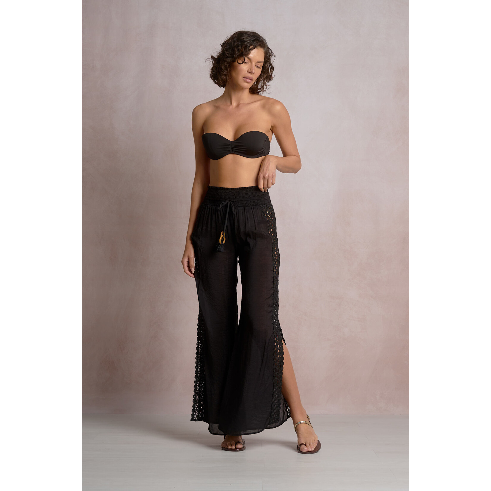 BLACK LACE TRIM WIDE LEG PANTS