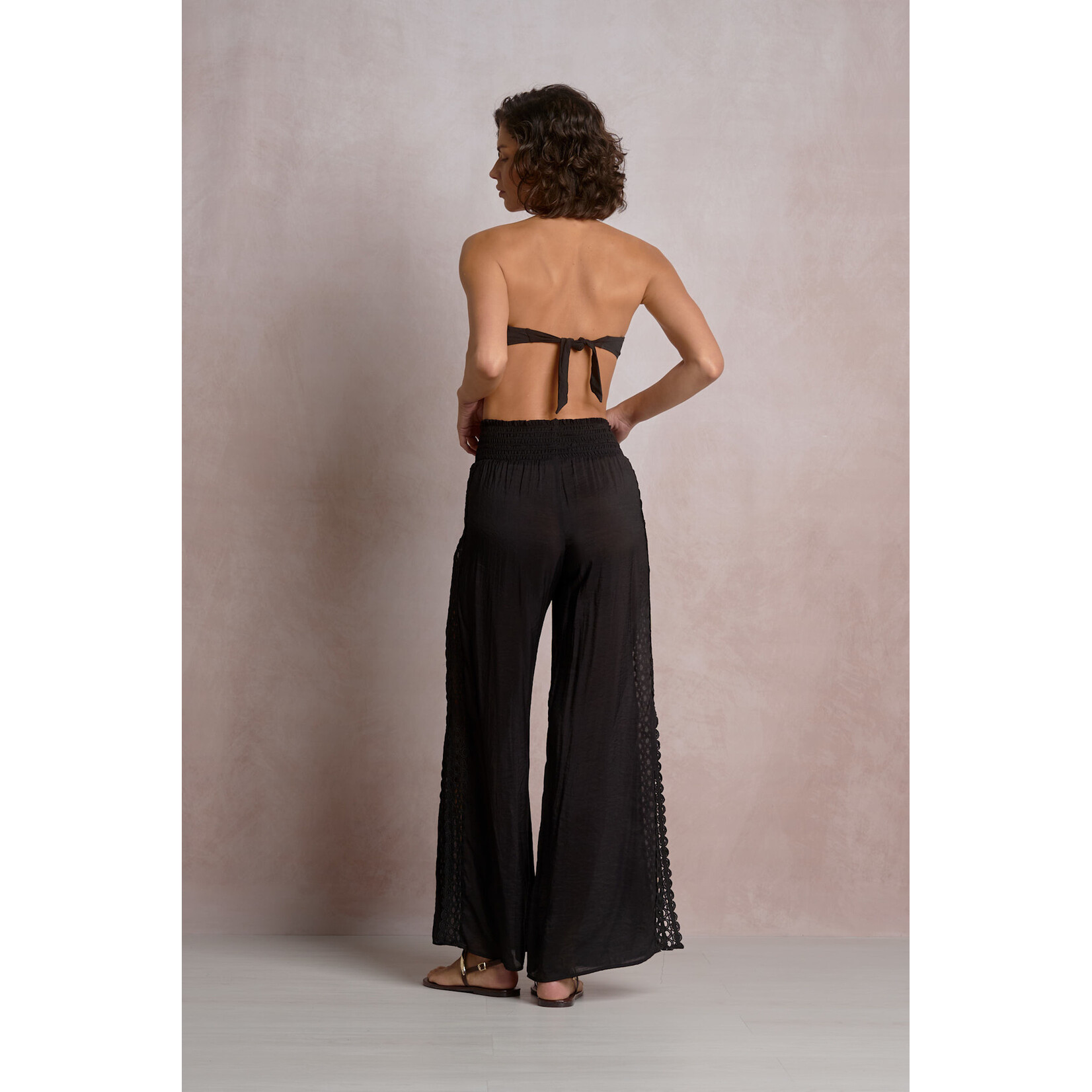 BLACK LACE TRIM WIDE LEG PANTS