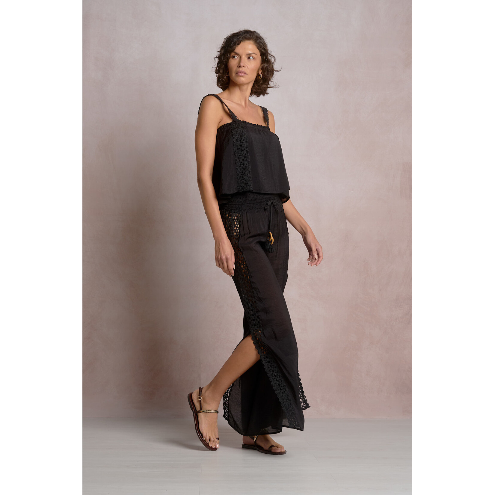BLACK LACE TRIM WIDE LEG PANTS