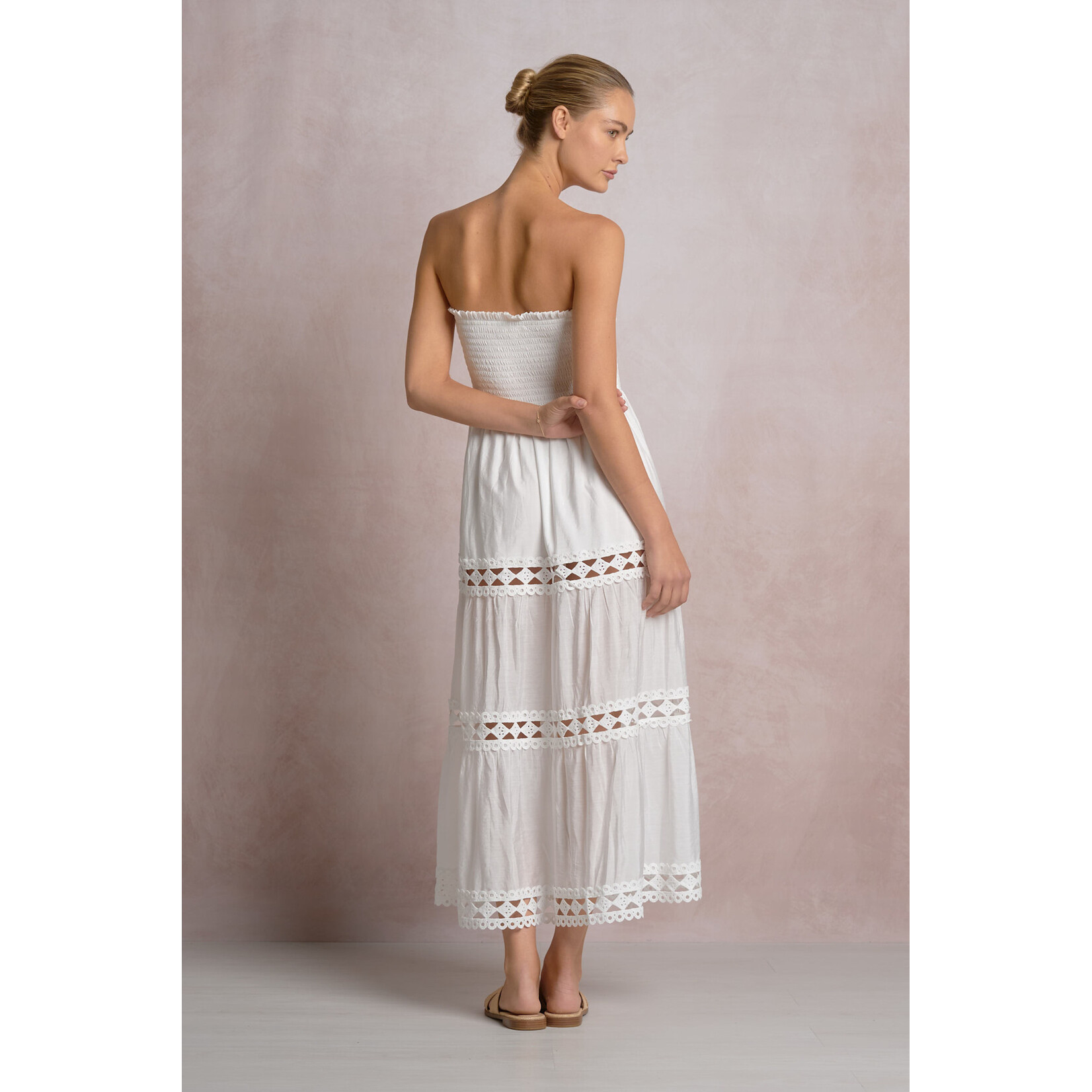 WHITE STRAPLESS EYELET DRESS