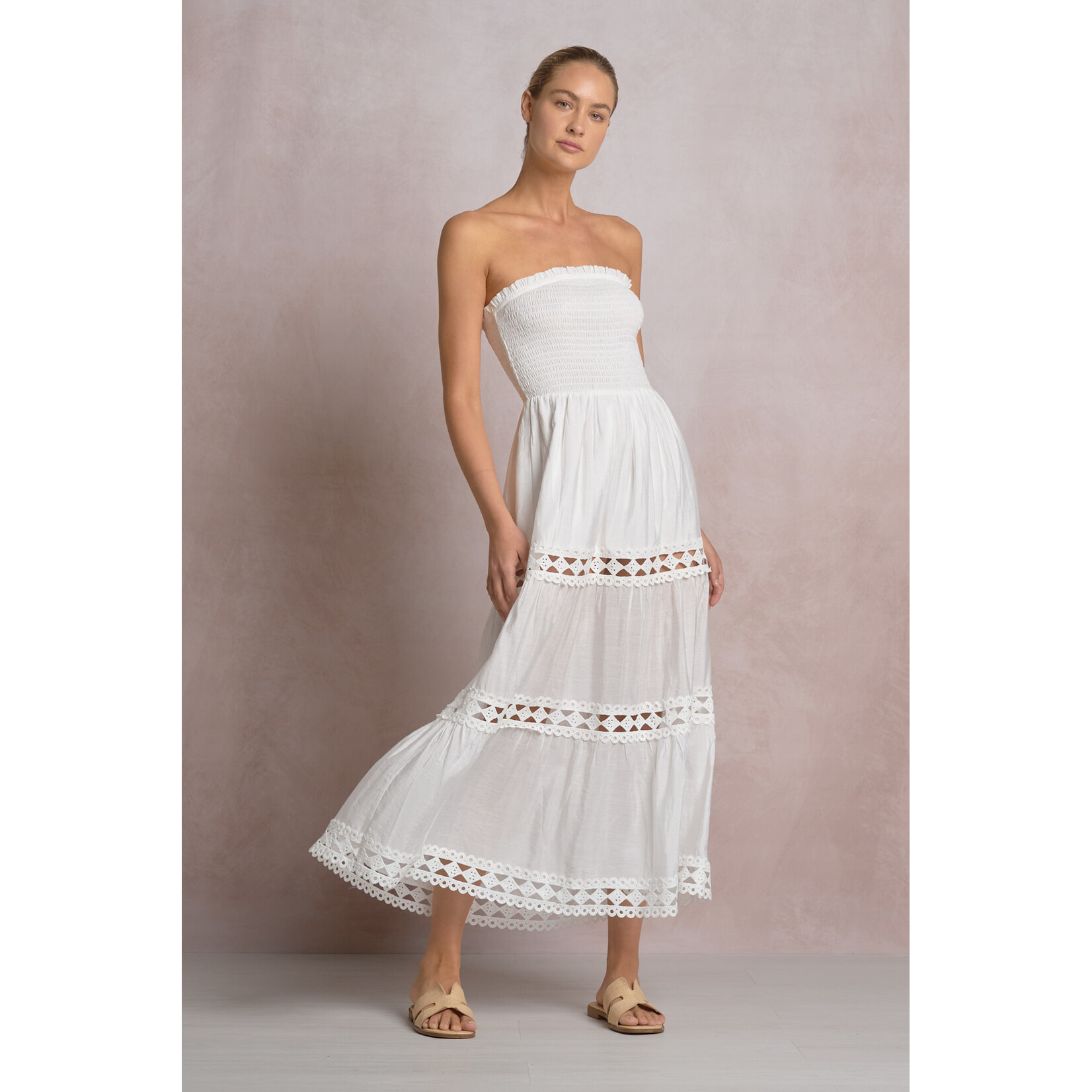WHITE STRAPLESS EYELET DRESS