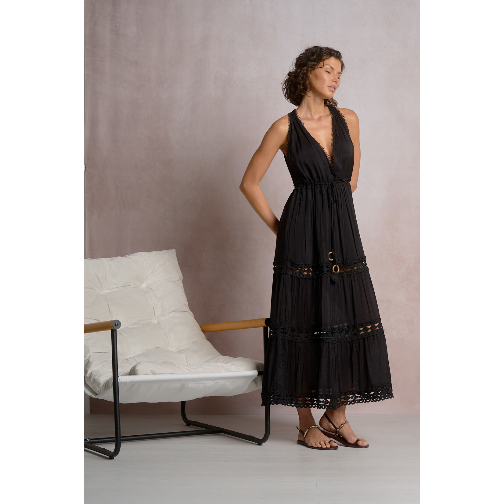 BLACK CROCHET TRIM MAXI DRESS