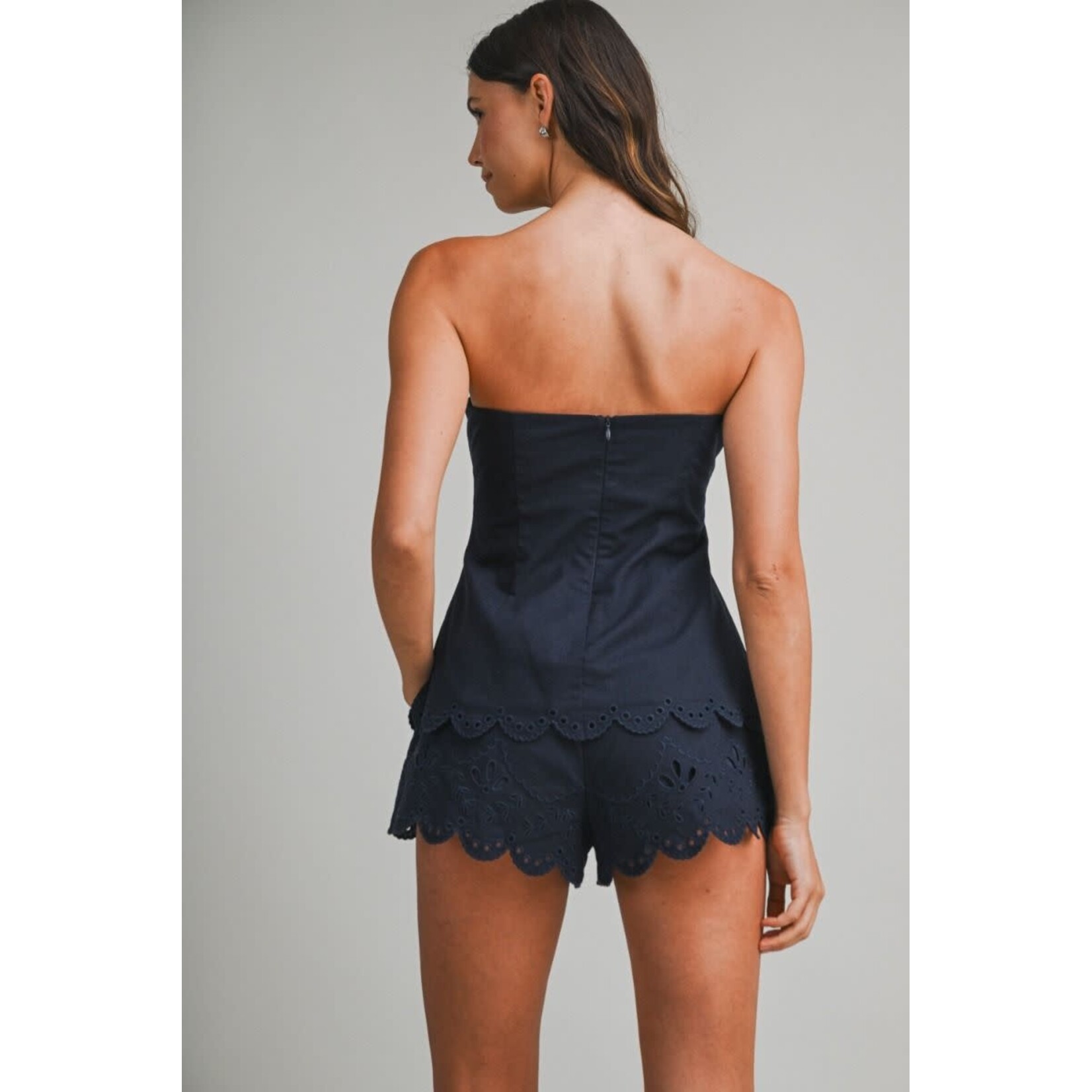NAVY EMBROIDERED TUBE TOP AND SHORTS SET