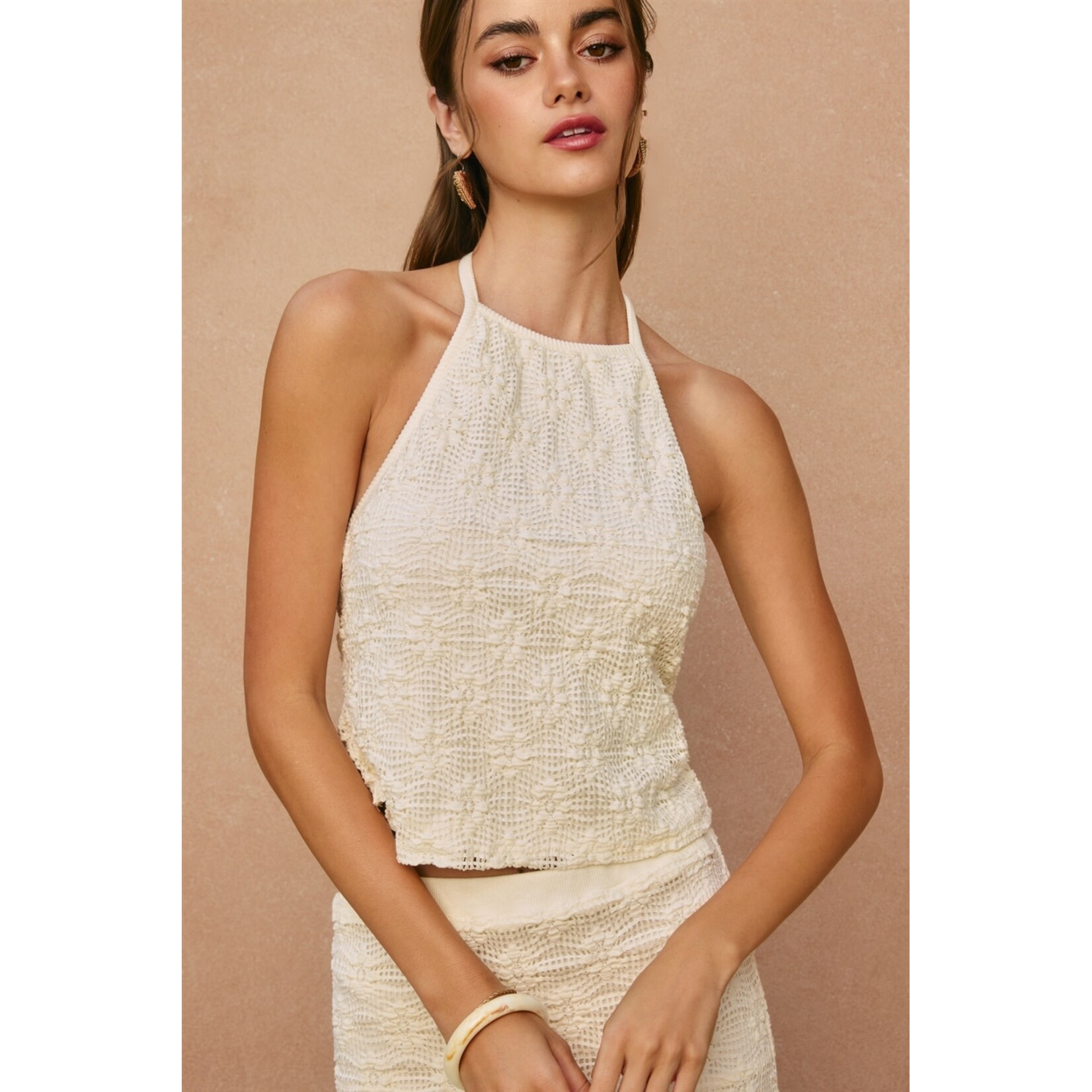 CREAM KNIT HALTER TOP