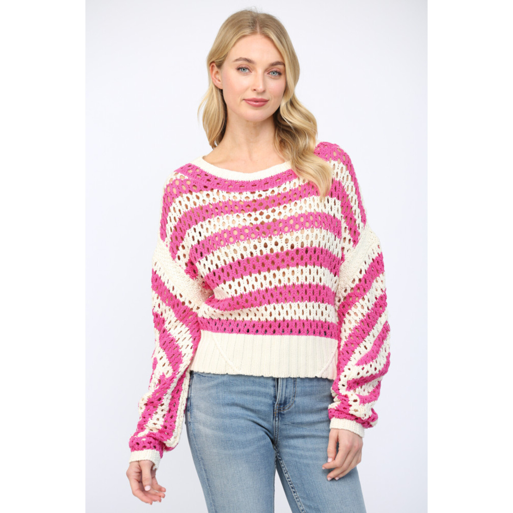 STRIPE LOOSE KNITTED BOAT NECK PULLOVER
