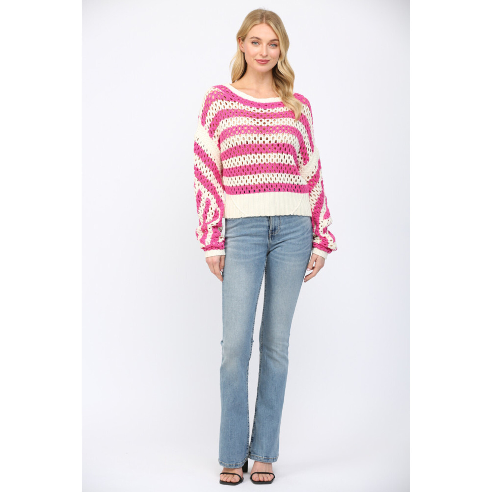 STRIPE LOOSE KNITTED BOAT NECK PULLOVER