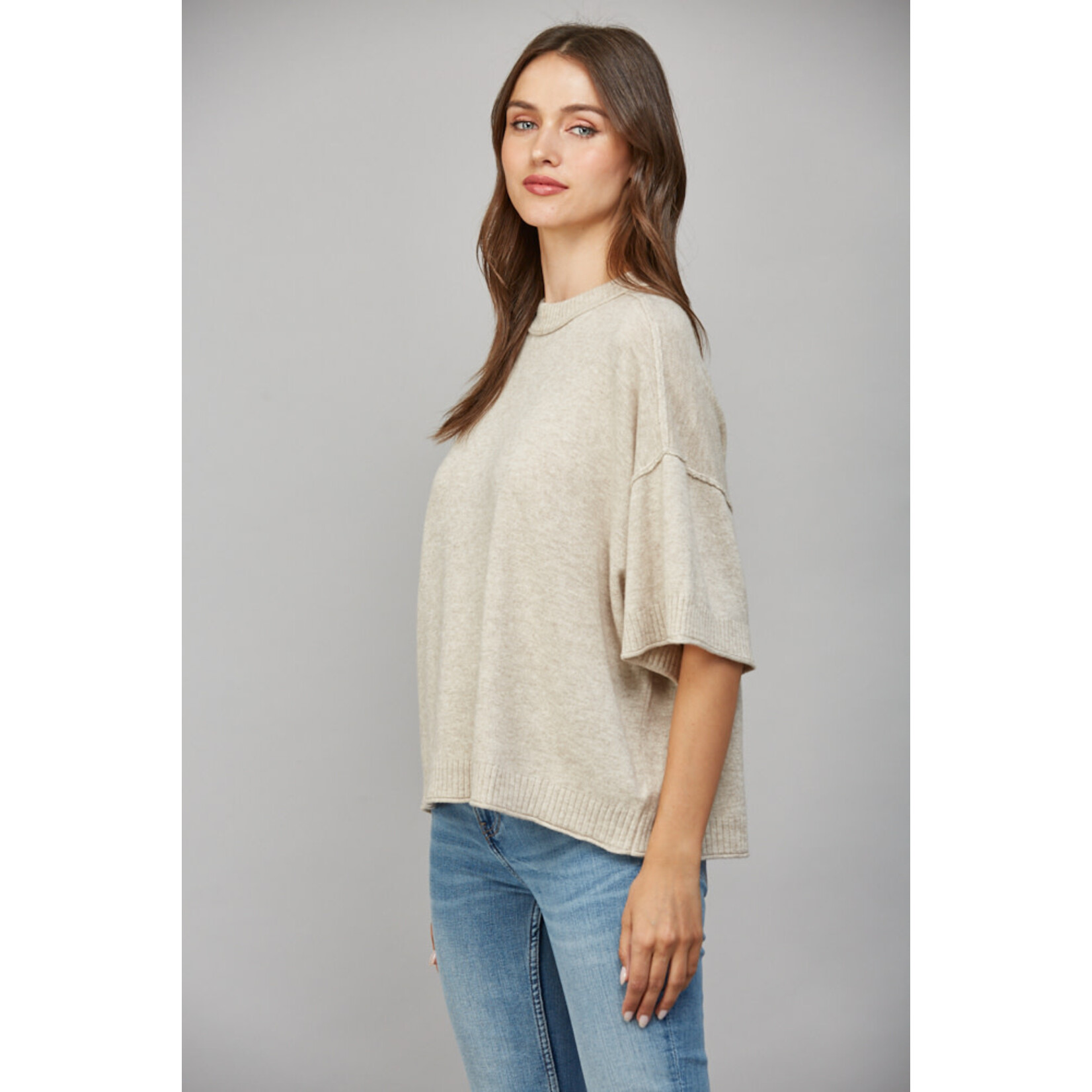 OATMEAL SHORT SLEEVE SWEATER