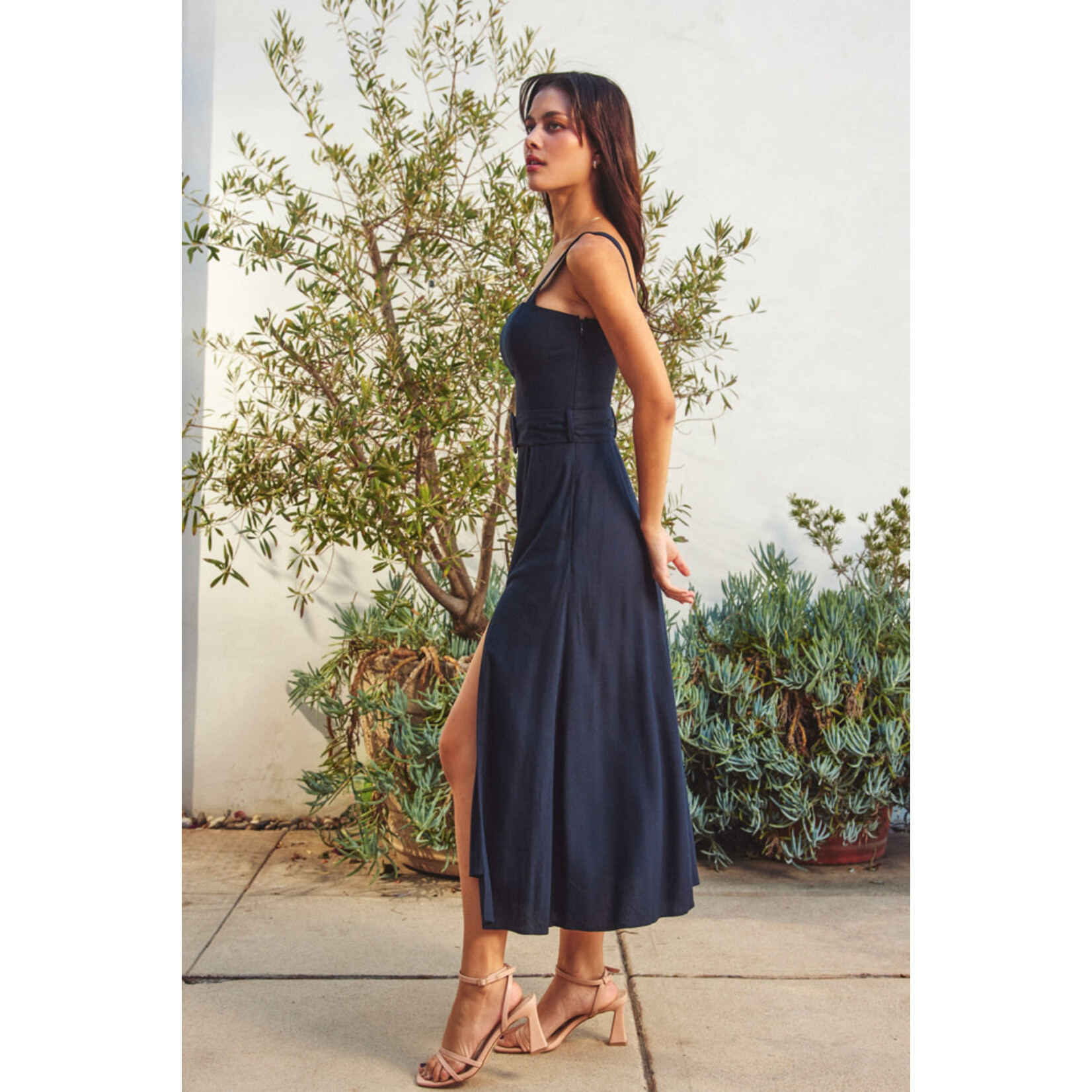NAVY HEAVEN SENT BUCKLE MIDI DRESS