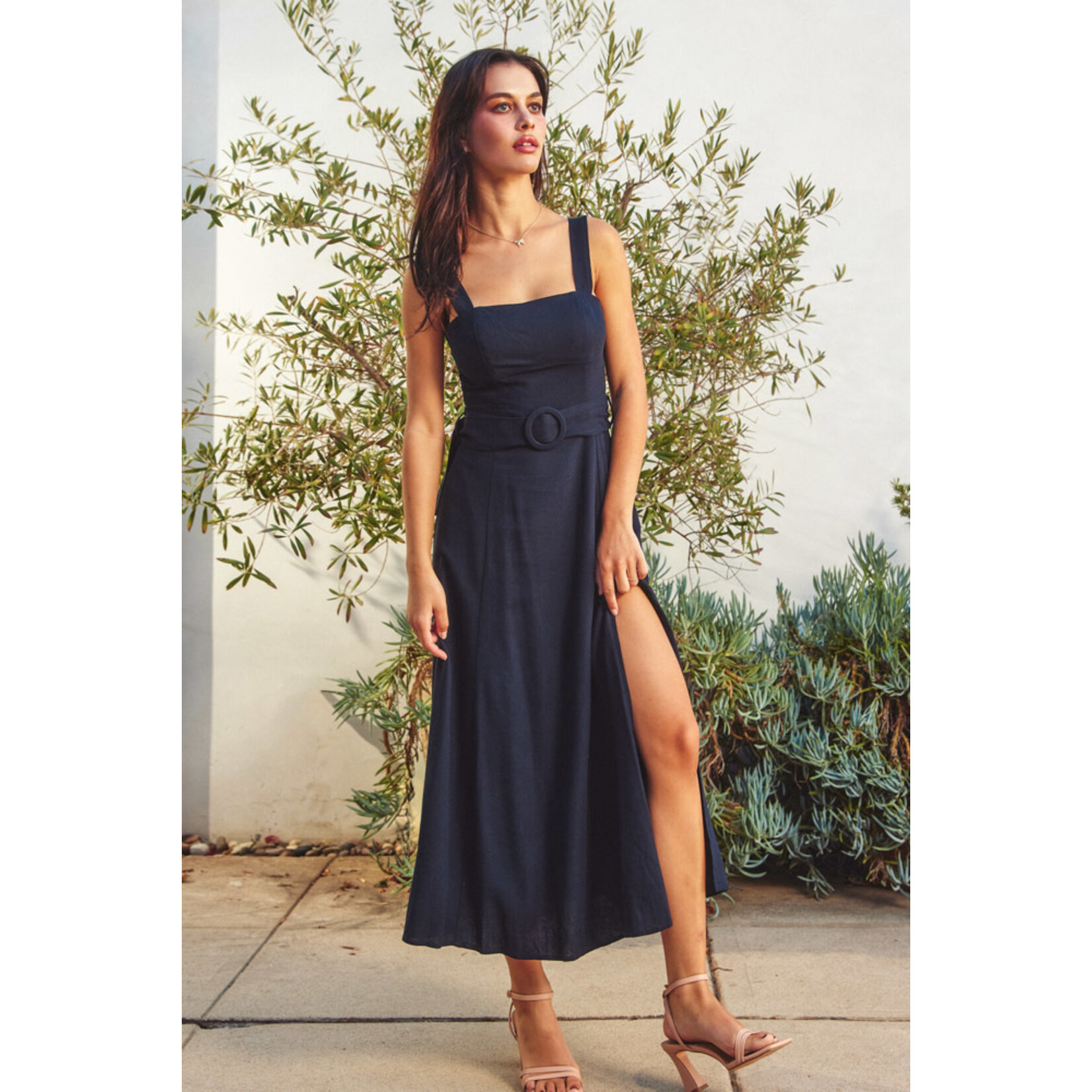NAVY HEAVEN SENT BUCKLE MIDI DRESS