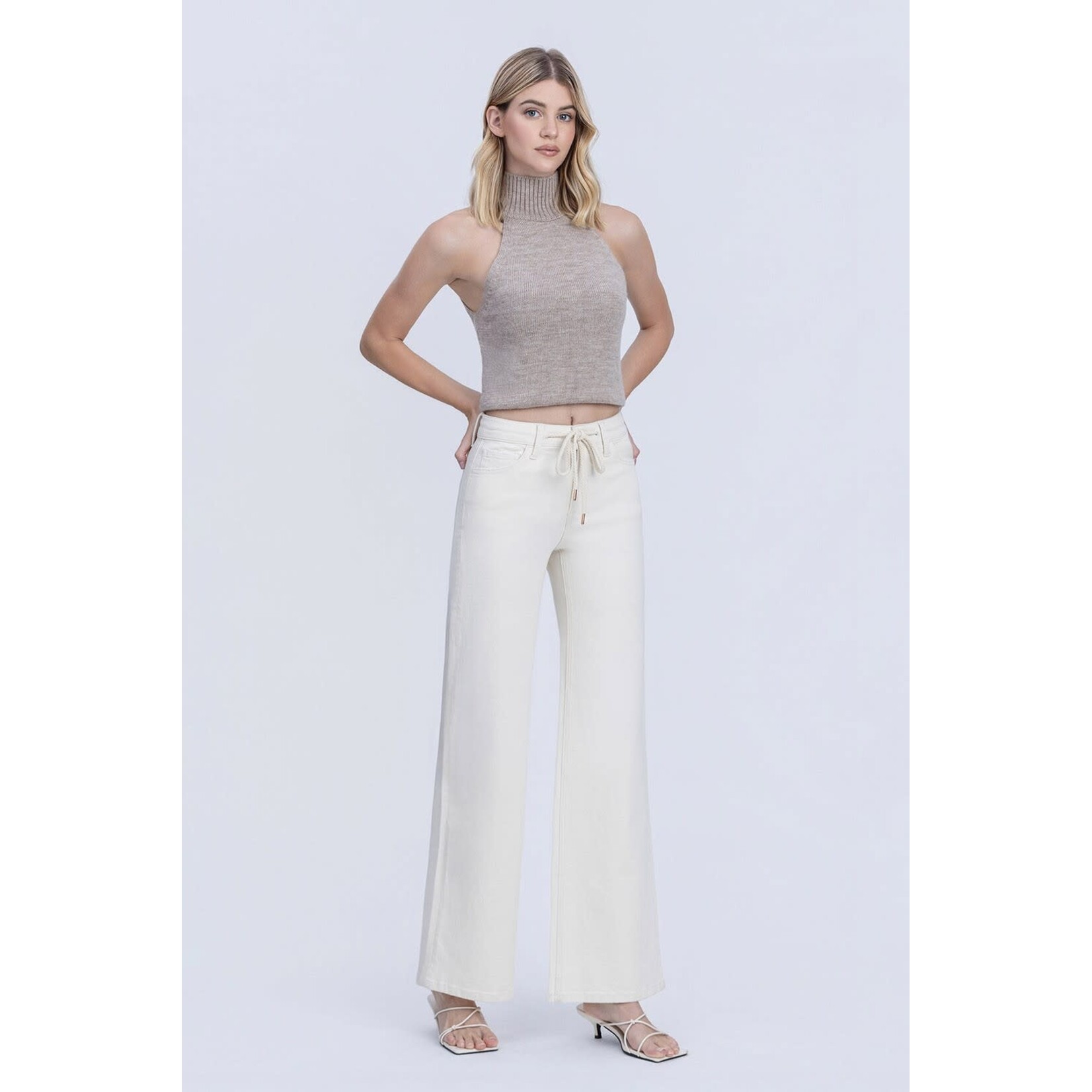 NATURAL DRAWSTRING WIDE LEG JEANS