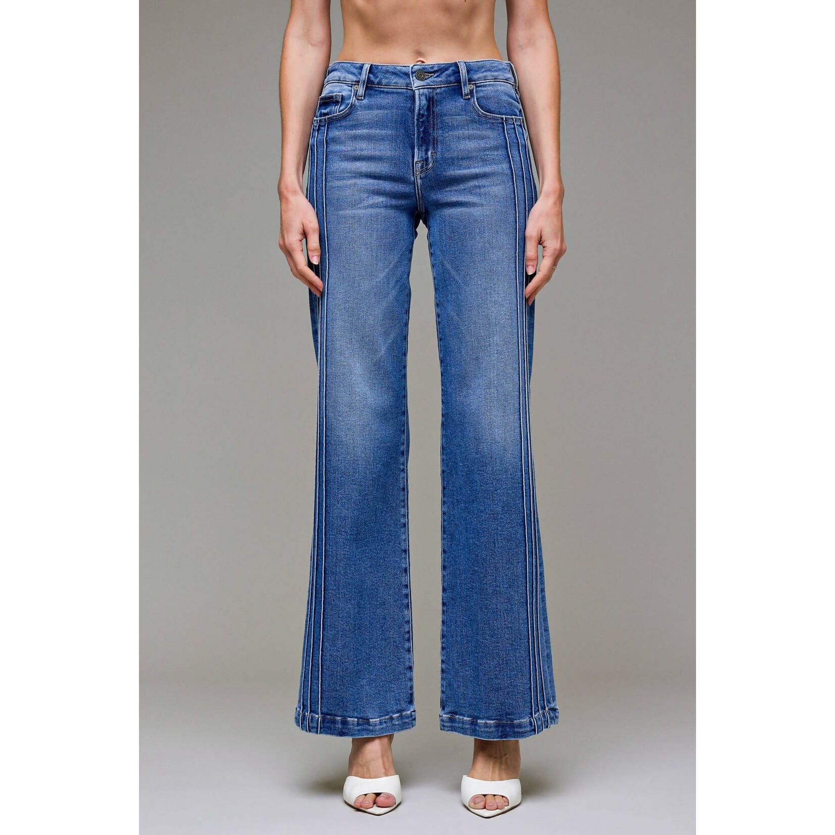 HIDDEN DARK WASH PINTUCK MID RISE FLARE