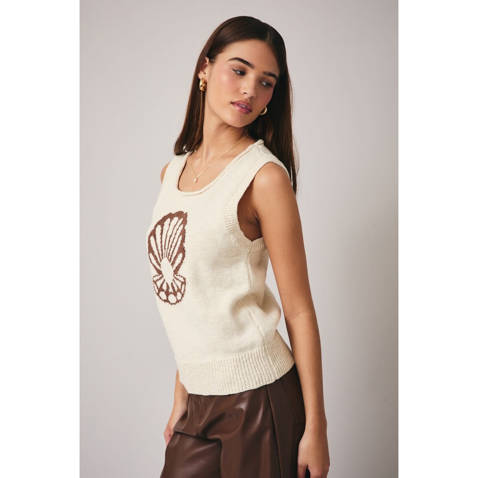 ROUND NECK SLEEVELESS SHELL PRINTED SWEATER