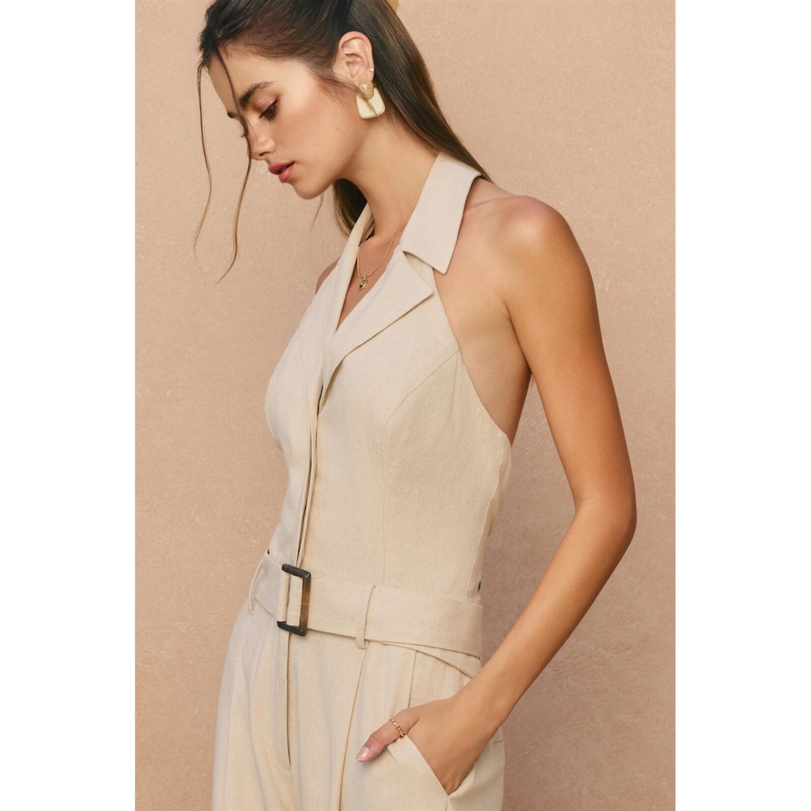 BELTED HALTER NECK JUMPSUIT