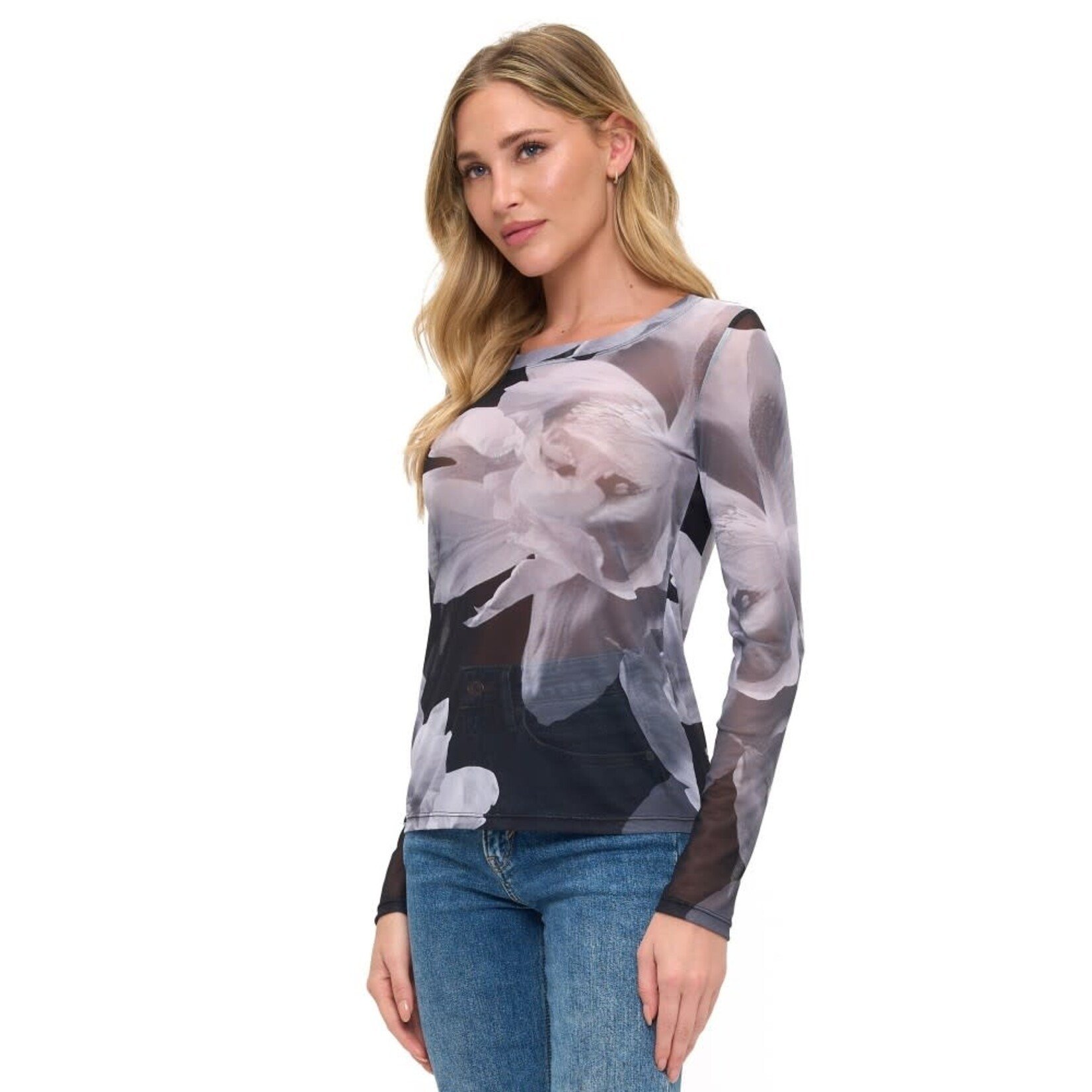 MESH FLOWER PRINT LONG SLEEVE TOP