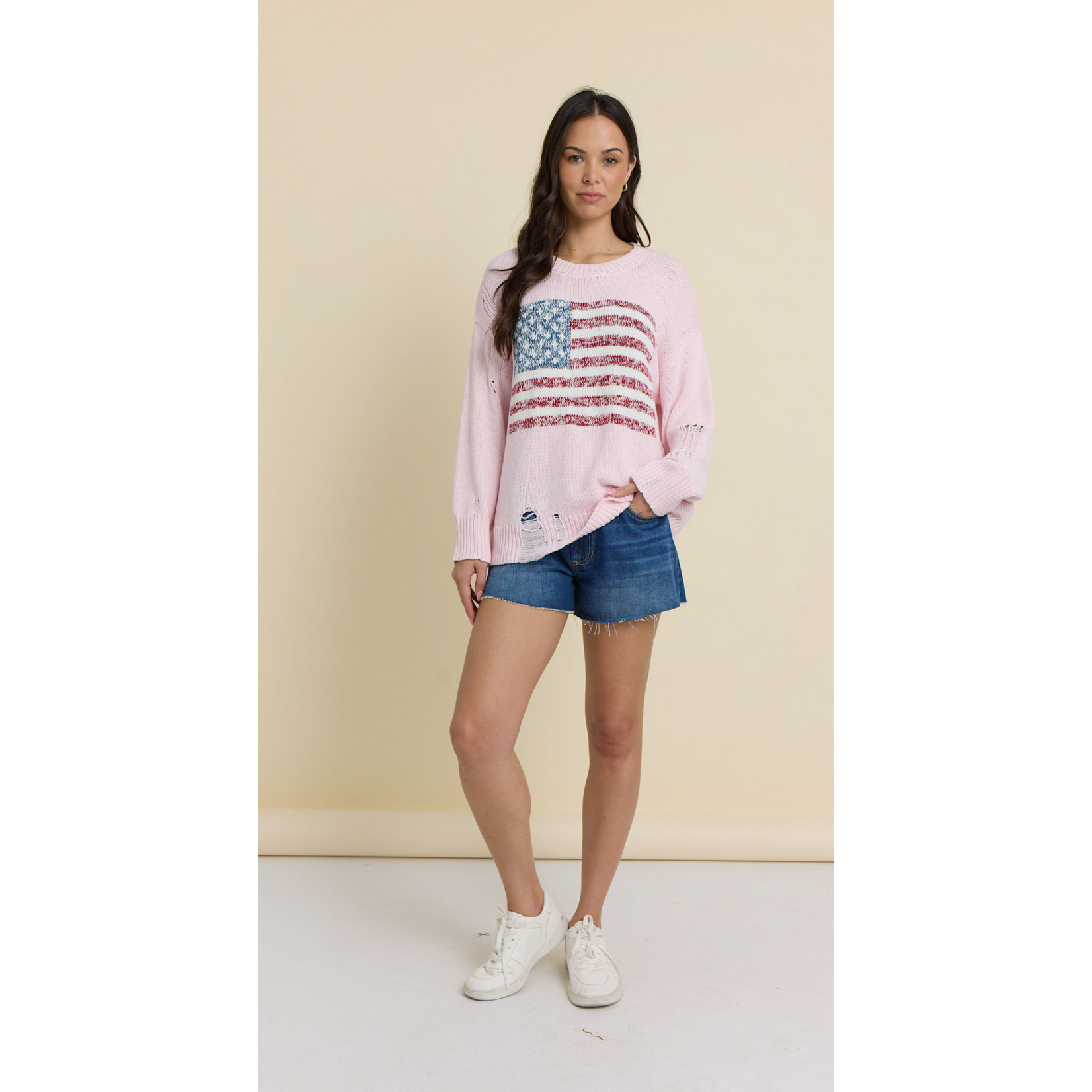 PINK DISTRESSED FLAG SWEATER