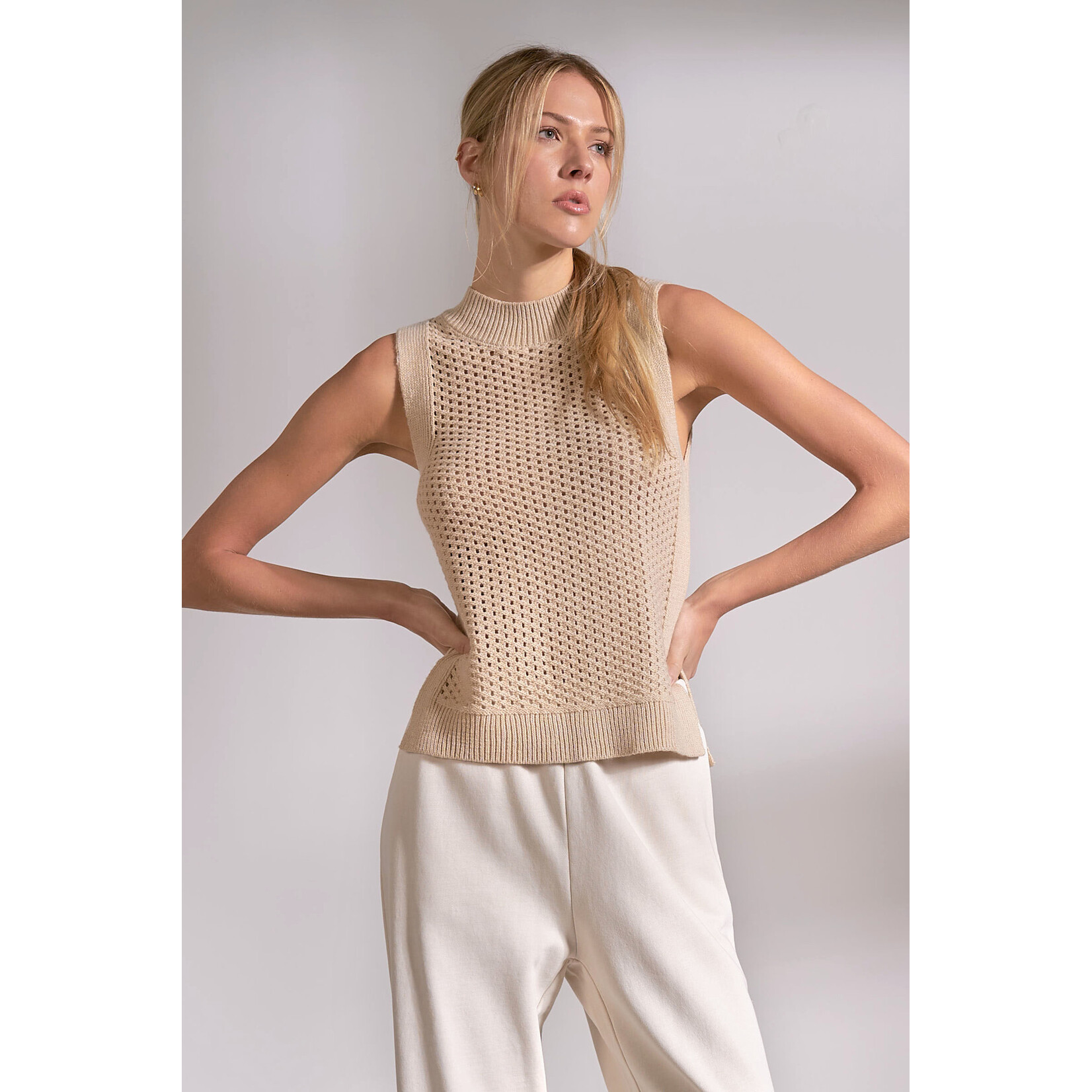 elan SAND SLEEVELESS OPEN KNIT TANK