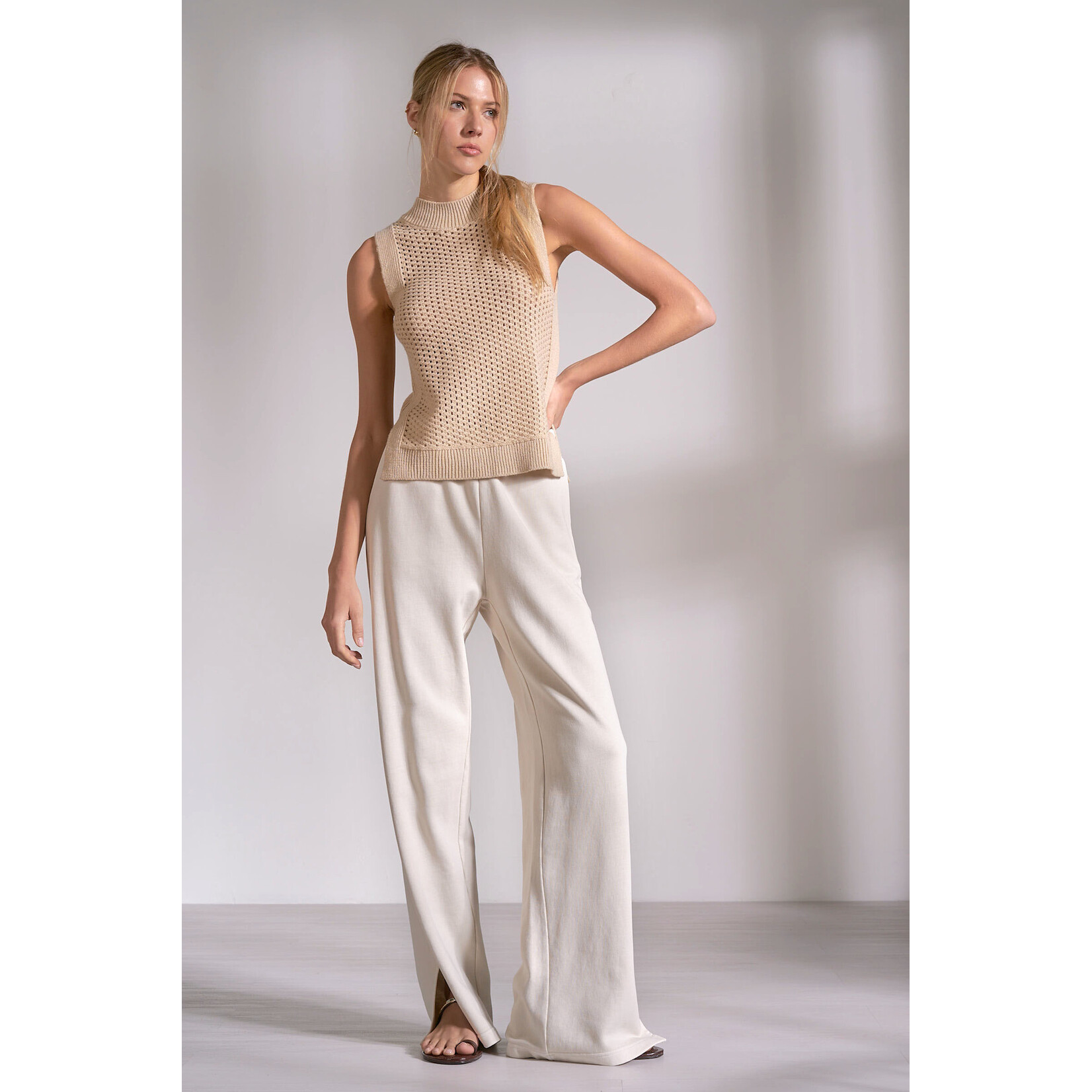 elan SAND SLEEVELESS OPEN KNIT TANK