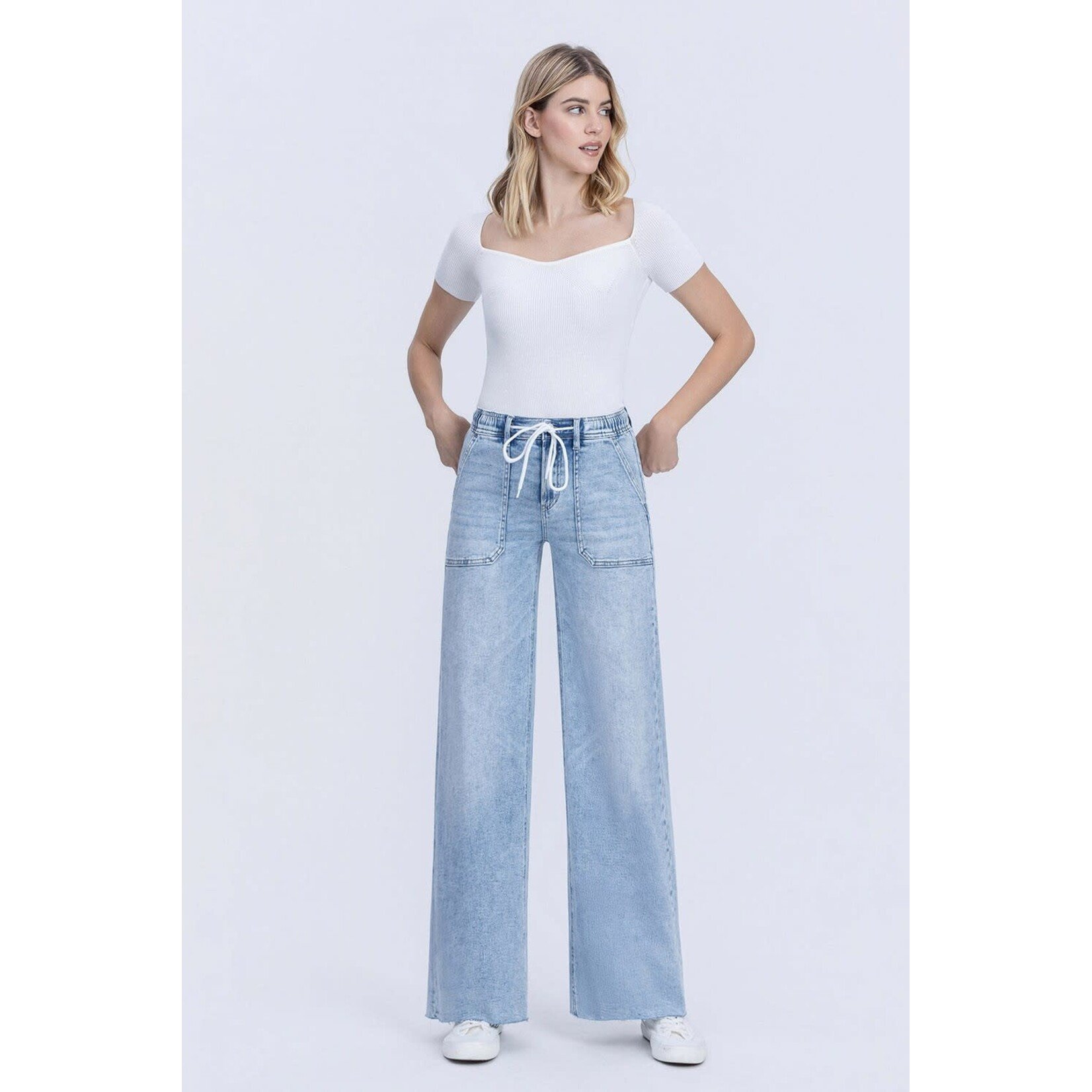 HIGH RISE DRAWSTRING WIDE LEG JEANS
