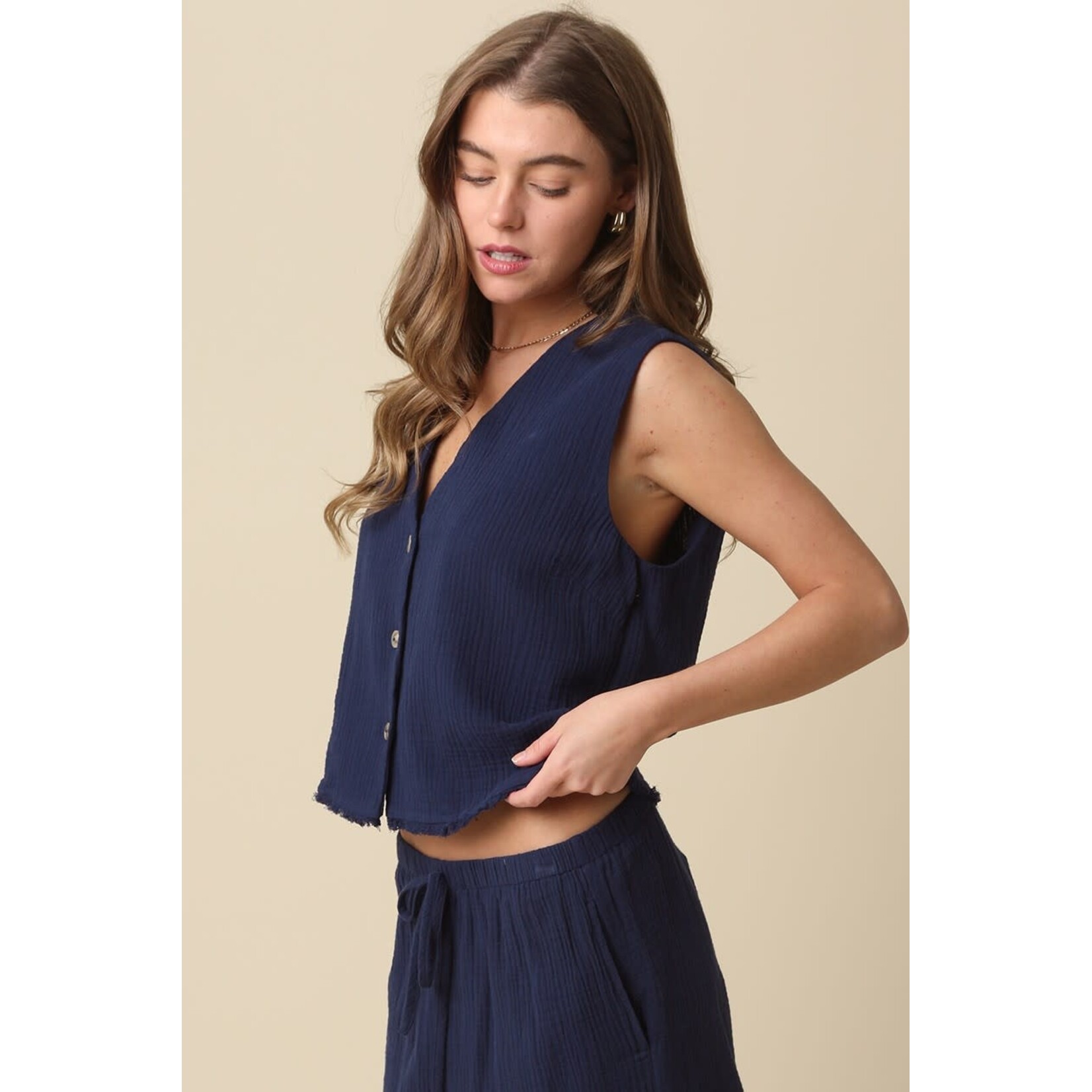 NAVY FRONT BUTTON VEST TOP
