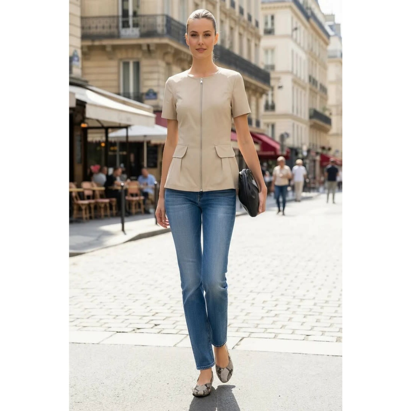 SHORT SLEEVE ZIP UP BLOUSE