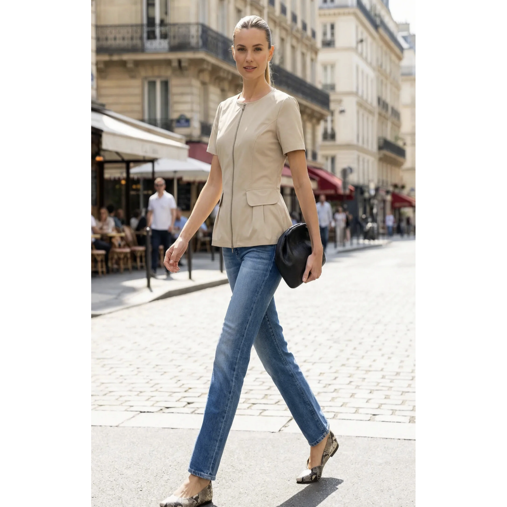 SHORT SLEEVE ZIP UP BLOUSE