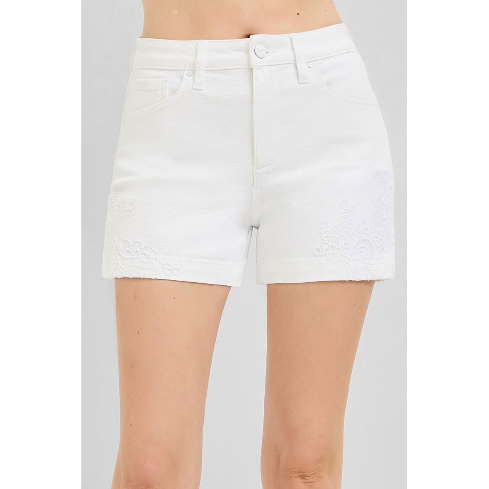 WHITE HIGH RISE EMBROIDERED SHORTS