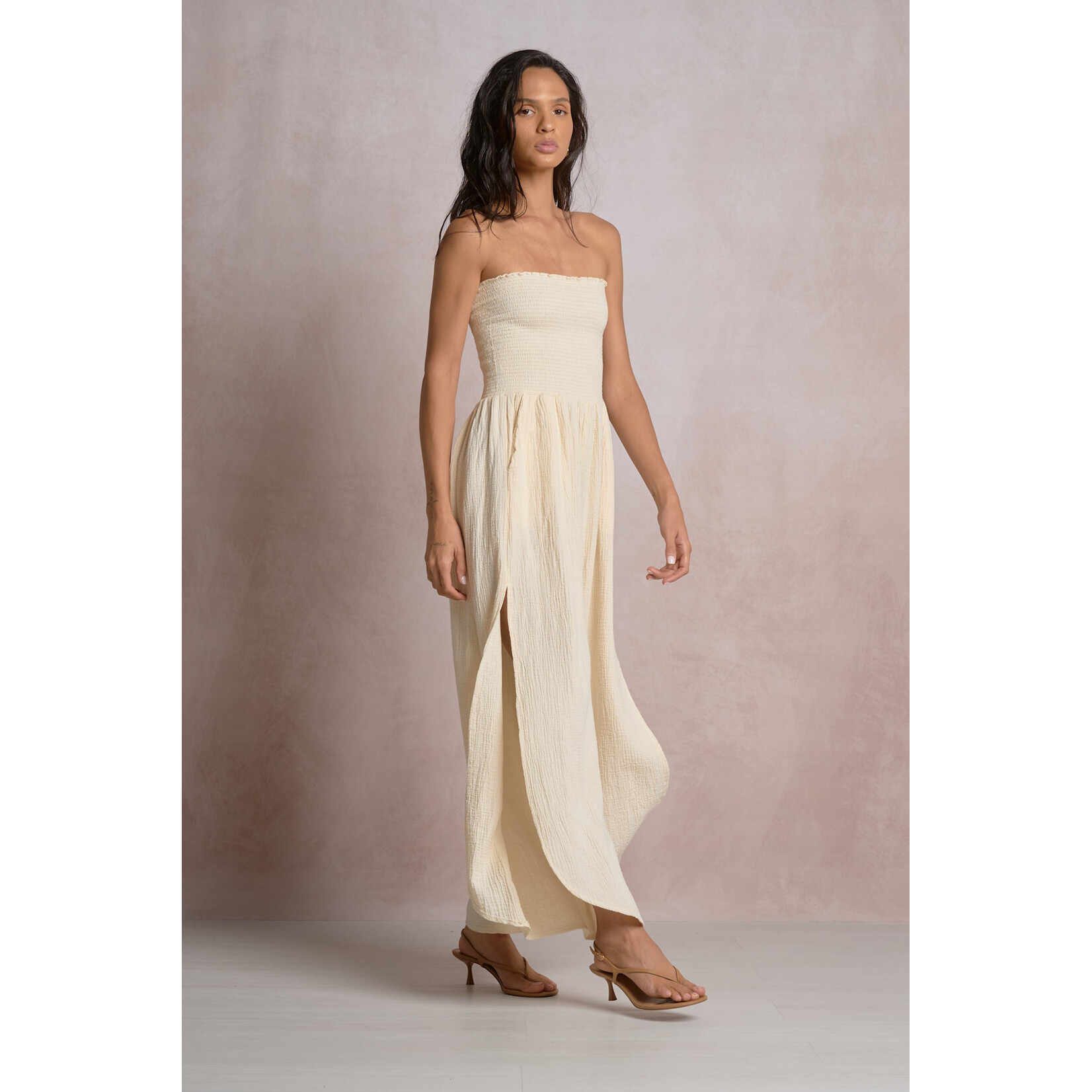 NATURAL SMOCKED JUMPSUIT