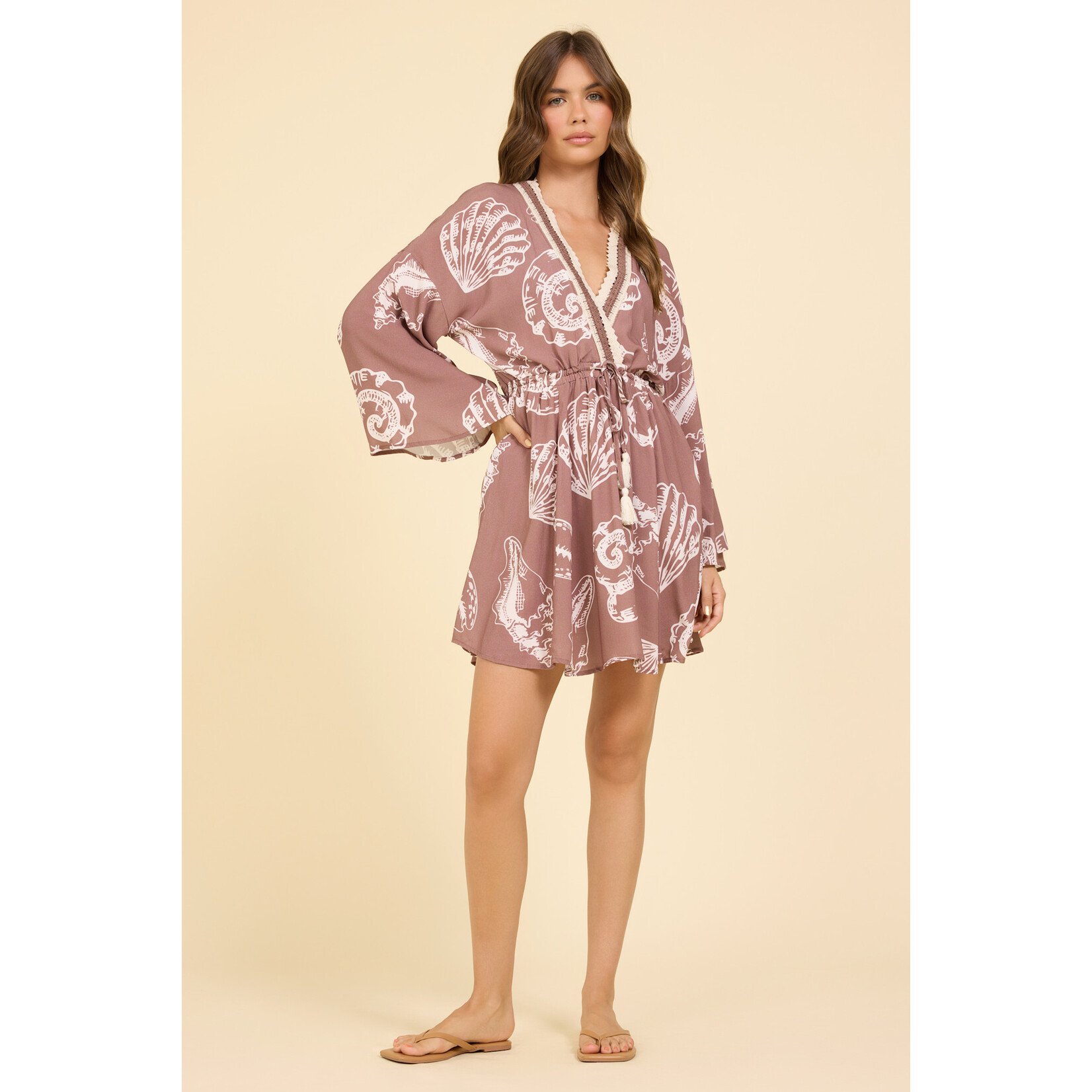 PRINTED CROCHET DETAIL V NECK DRESS