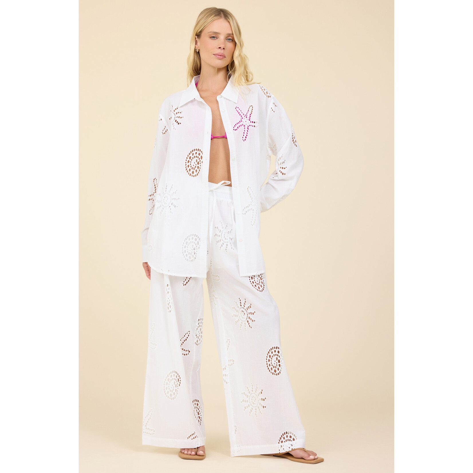 OCEAN EYELET WIDE LEG PANT WHITE