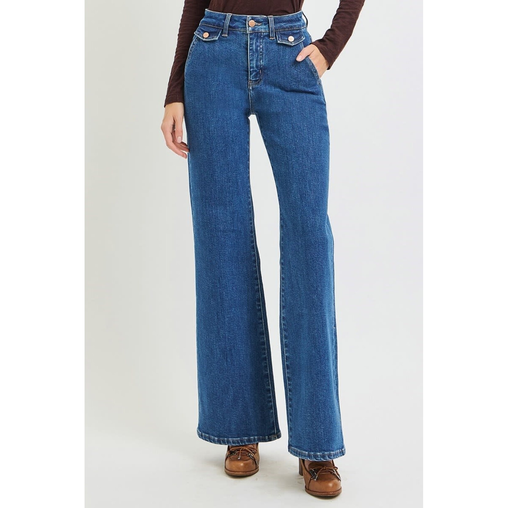 RISEN RISEN HIGH RISE WIDE FLARE FRONT FLAP DETAIL JEANS