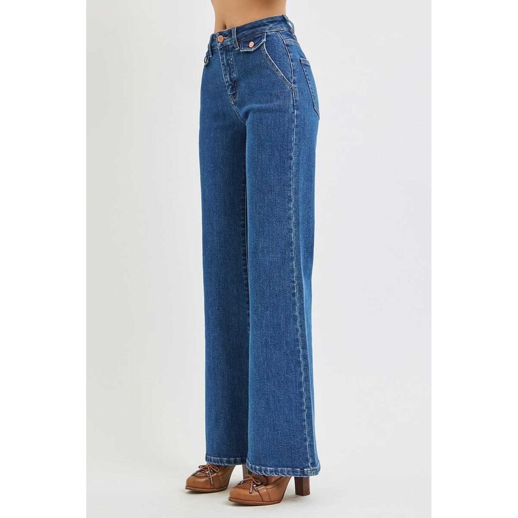 RISEN RISEN HIGH RISE WIDE FLARE FRONT FLAP DETAIL JEANS