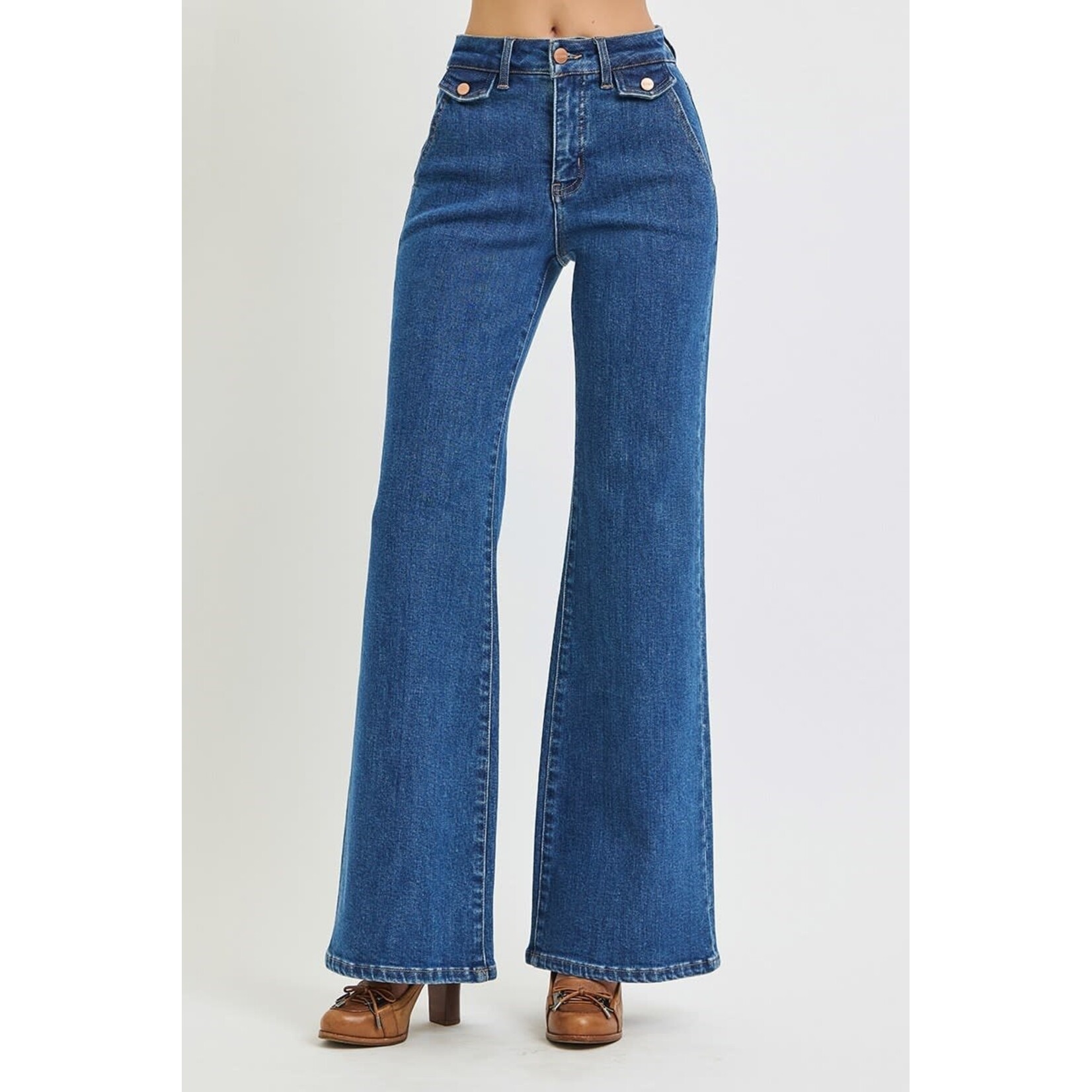 RISEN RISEN HIGH RISE WIDE FLARE FRONT FLAP DETAIL JEANS