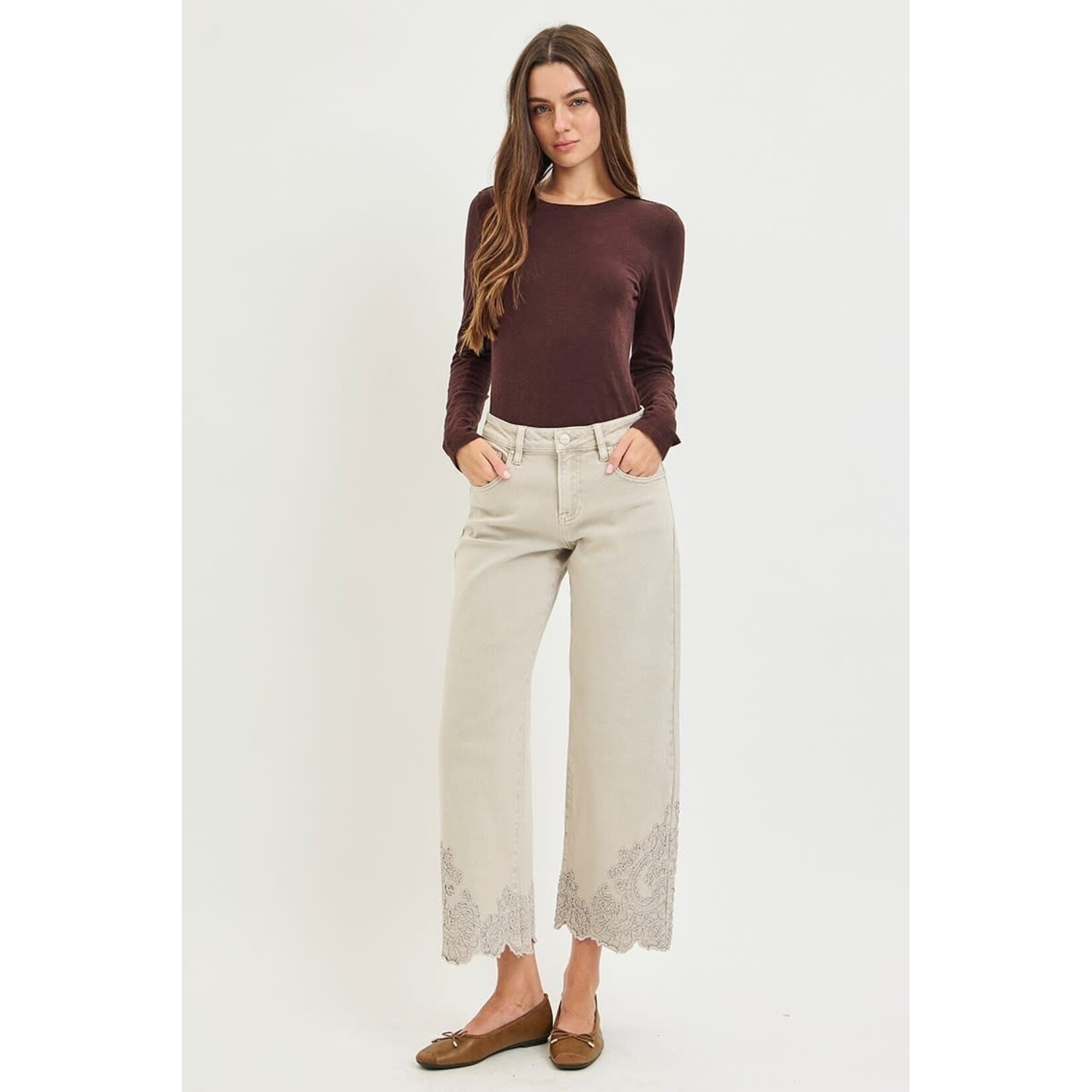 RISEN RISEN HIGH RISE CROP BARREL EMBROIDERED HEM PANTS