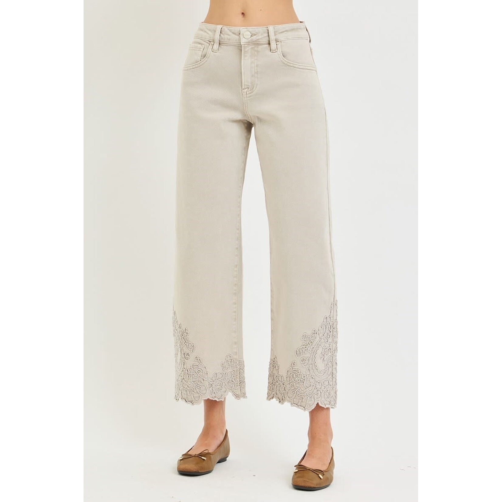 RISEN RISEN HIGH RISE CROP BARREL EMBROIDERED HEM PANTS