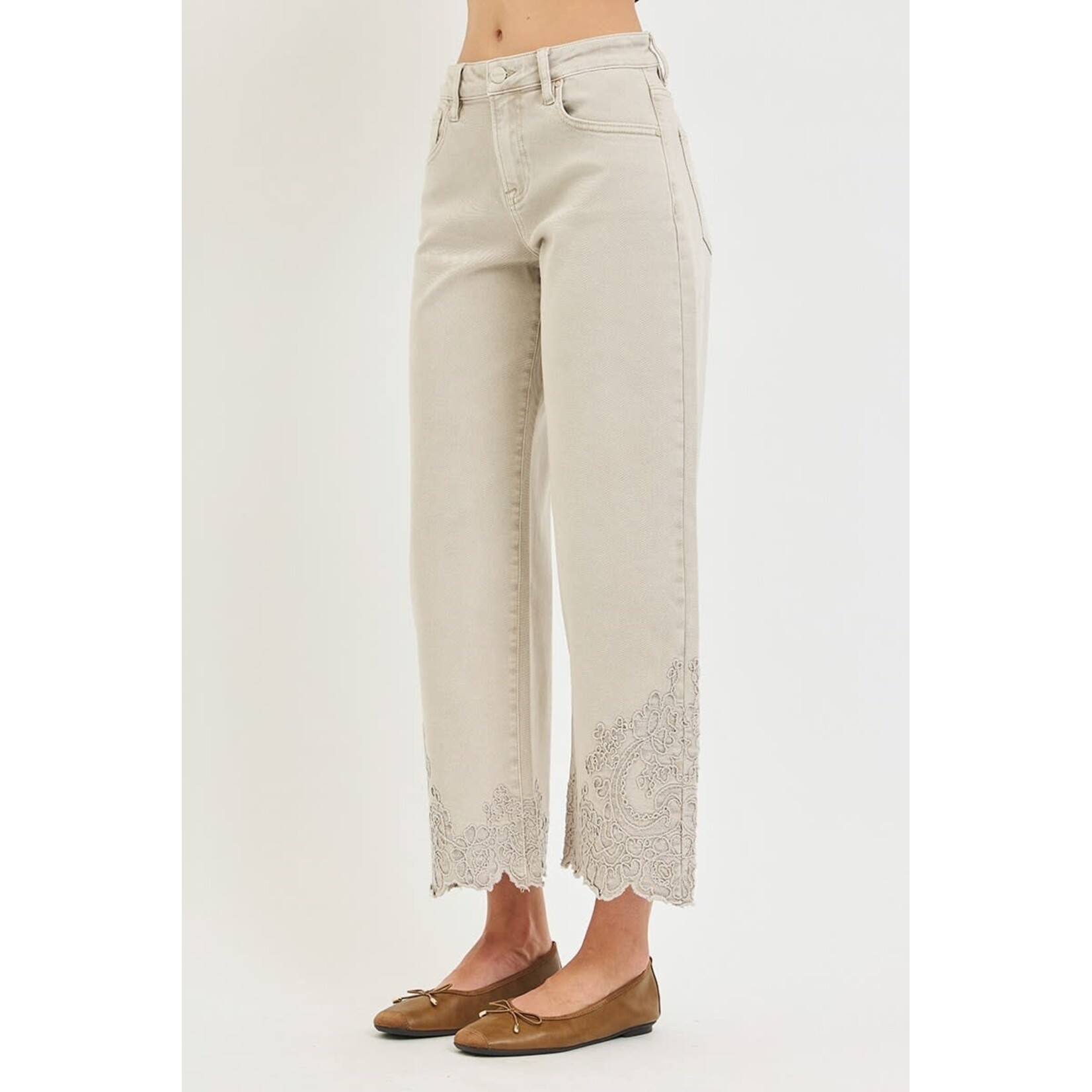 RISEN RISEN HIGH RISE CROP BARREL EMBROIDERED HEM PANTS