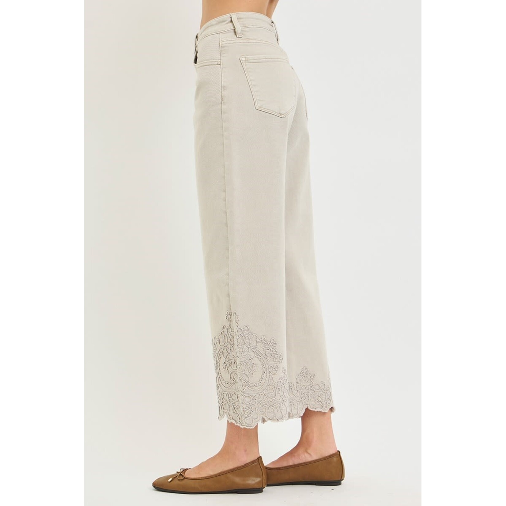 RISEN RISEN HIGH RISE CROP BARREL EMBROIDERED HEM PANTS