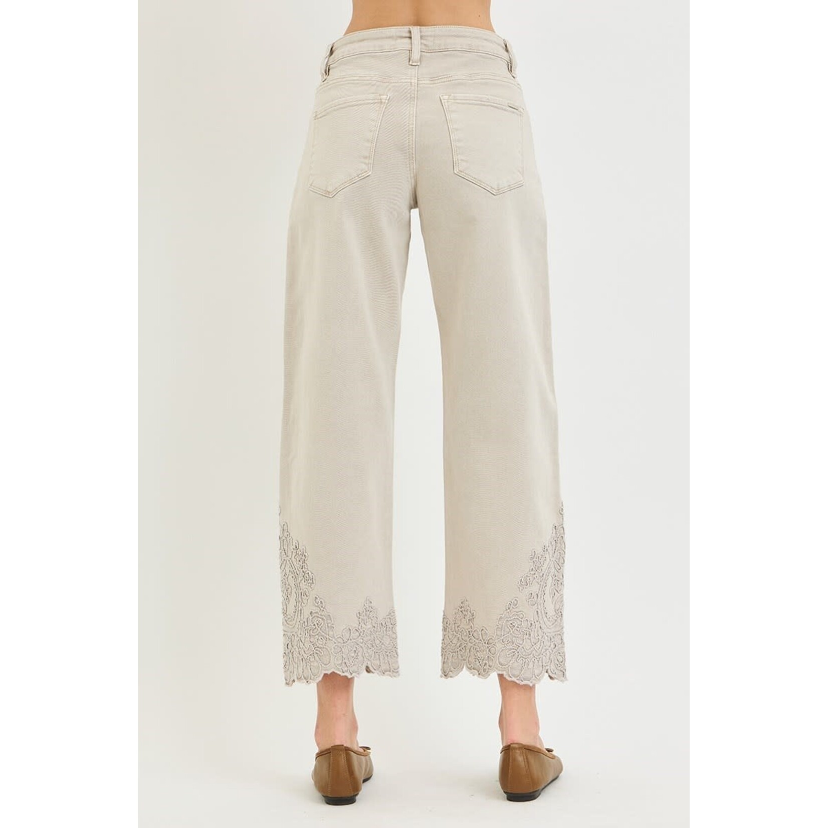 RISEN RISEN HIGH RISE CROP BARREL EMBROIDERED HEM PANTS
