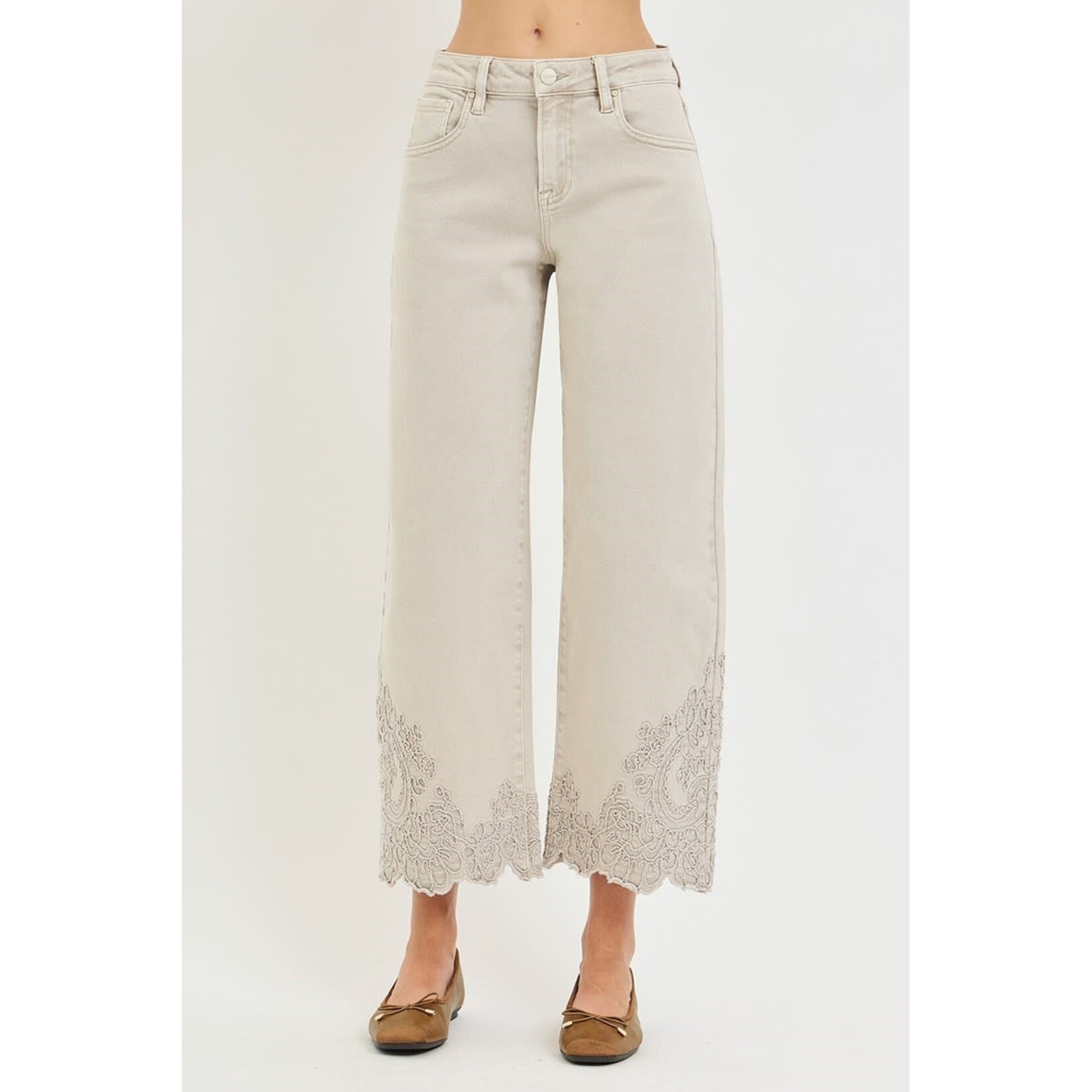 RISEN RISEN HIGH RISE CROP BARREL EMBROIDERED HEM PANTS