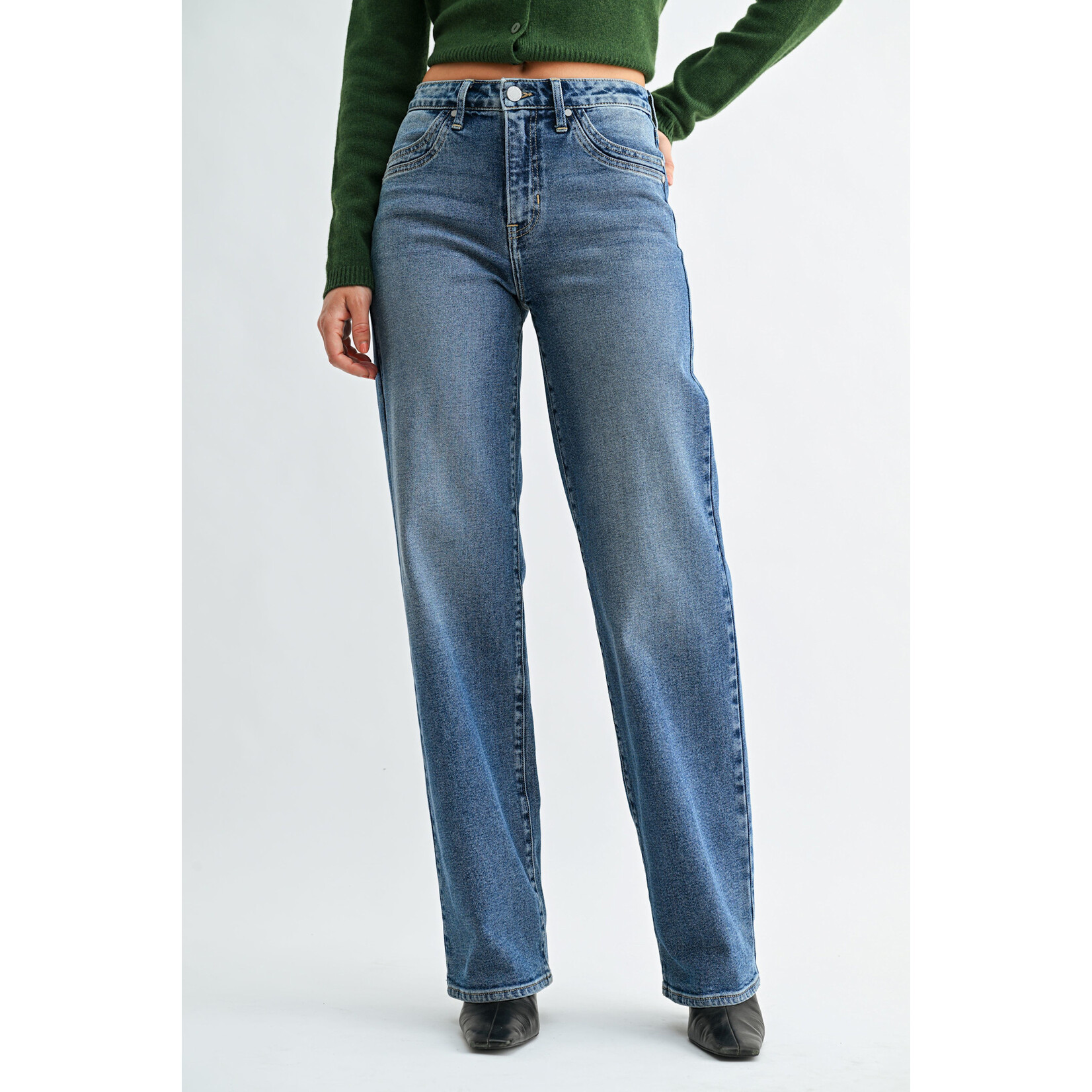 Just black denim/just usa JUST BLACK DENIM MEDIUM WASH DOUBLE POCKET WIDE LEG JEAN