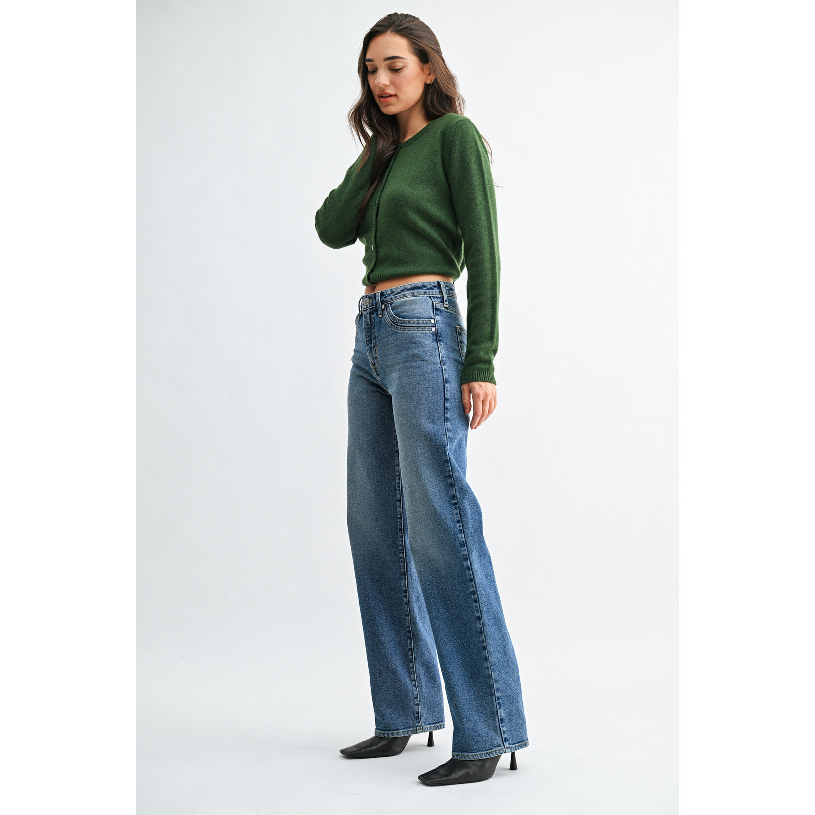 Just black denim/just usa JUST BLACK DENIM MEDIUM WASH DOUBLE POCKET WIDE LEG JEAN