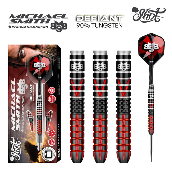 SHOT DARTS Shot Michael Smith Defiant 90% Tungsten Centre Weighted Steel Tip Darts